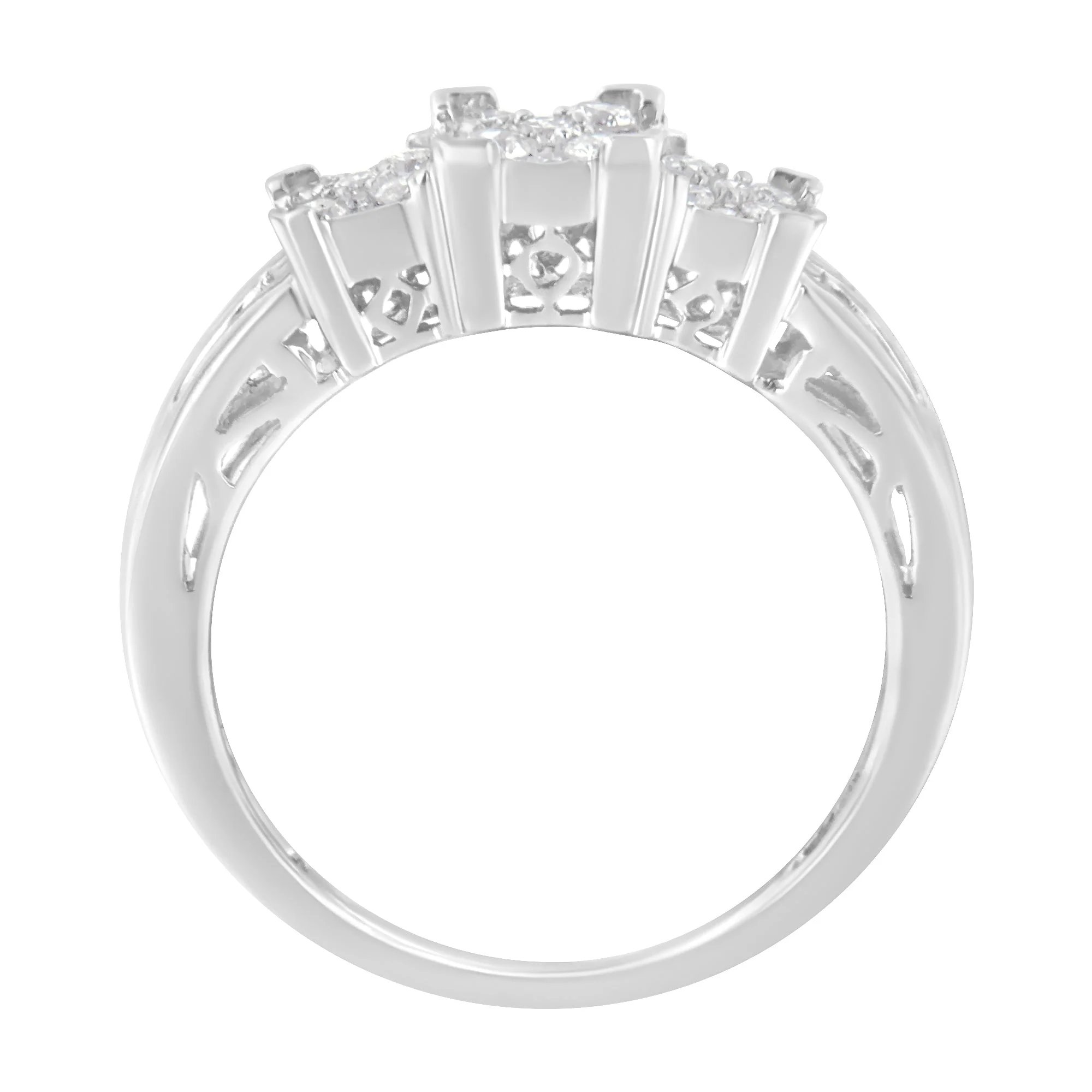 10K White Gold 1/2 Cttw Brilliant & Baguette Cut Diamond 3 Stone Design with 3 Square Clusters Engagement Ring (H-I Color, SI2-I1 Clarity) - Size 6-3/4 - Image 2