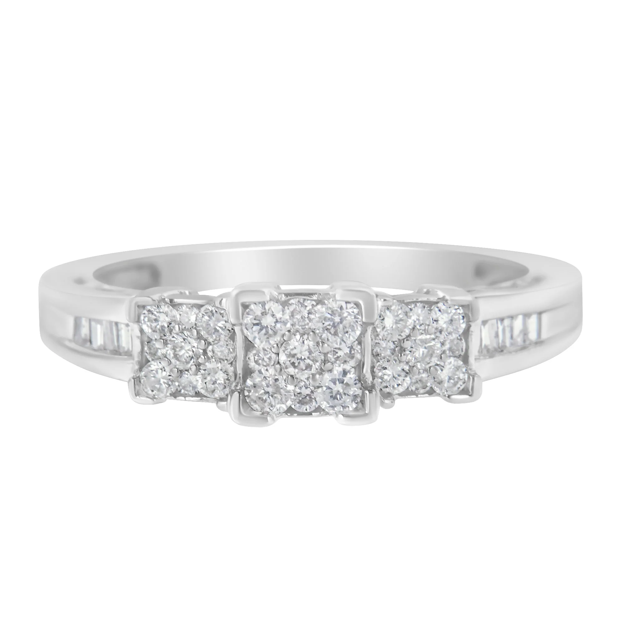 10K White Gold 1/2 Cttw Brilliant & Baguette Cut Diamond 3 Stone Design with 3 Square Clusters Engagement Ring (H-I Color, SI2-I1 Clarity) - Size 6-3/4 - Image 3
