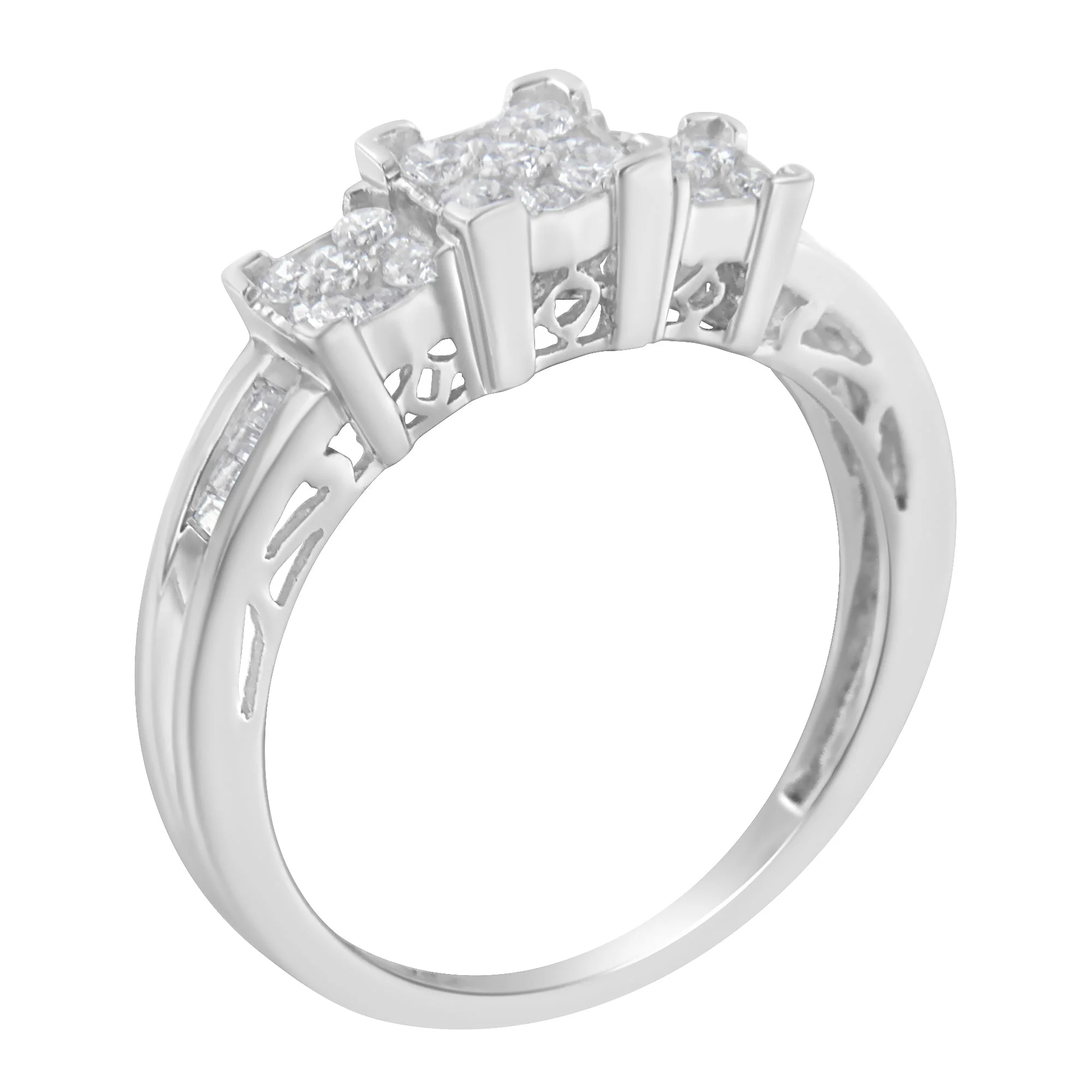 10K White Gold 1/2 Cttw Brilliant & Baguette Cut Diamond 3 Stone Design with 3 Square Clusters Engagement Ring (H-I Color, SI2-I1 Clarity) - Size 6-3/4 - Image 4