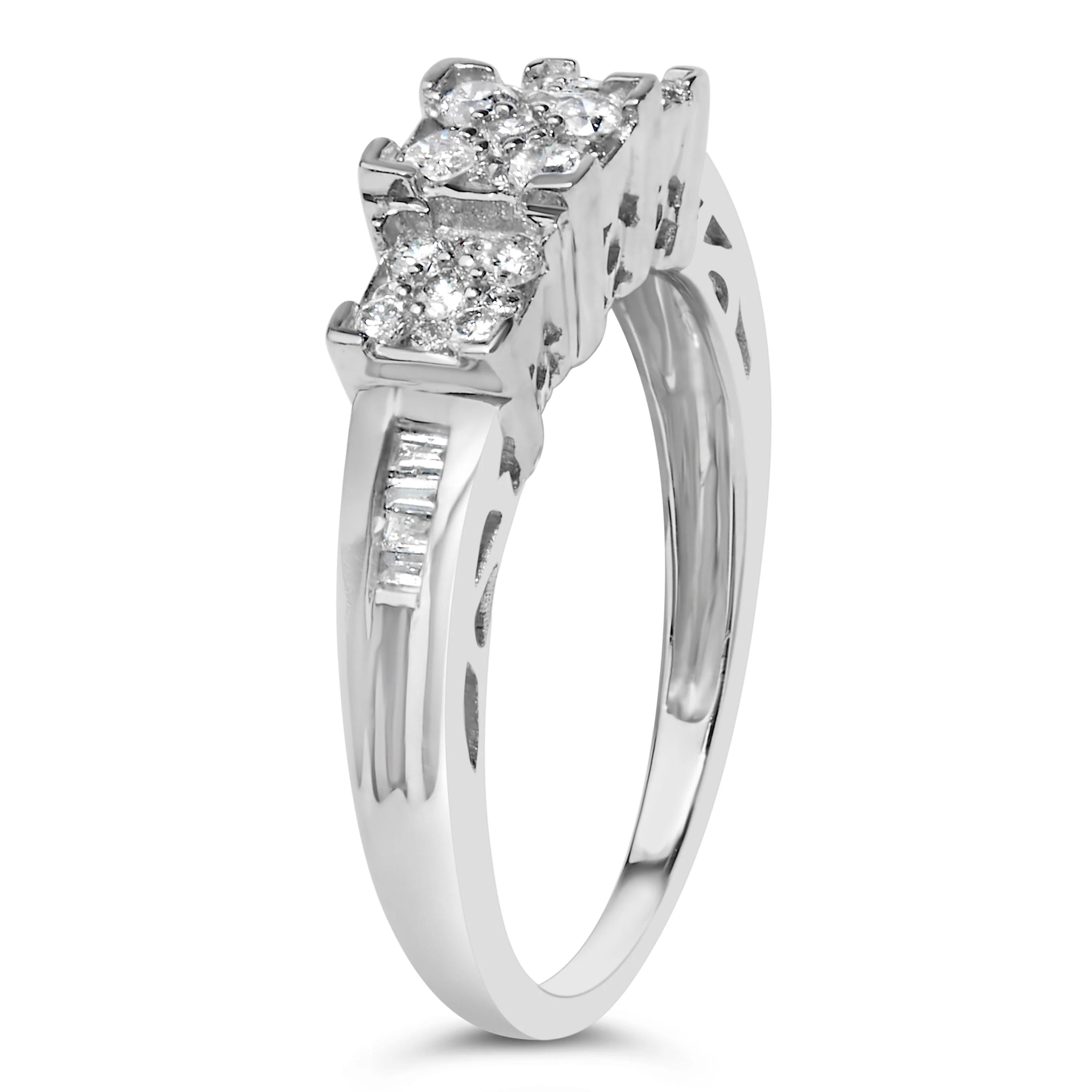 10K White Gold 1/2 Cttw Brilliant & Baguette Cut Diamond 3 Stone Design with 3 Square Clusters Engagement Ring (H-I Color, SI2-I1 Clarity) - Size 6-3/4 - Image 5