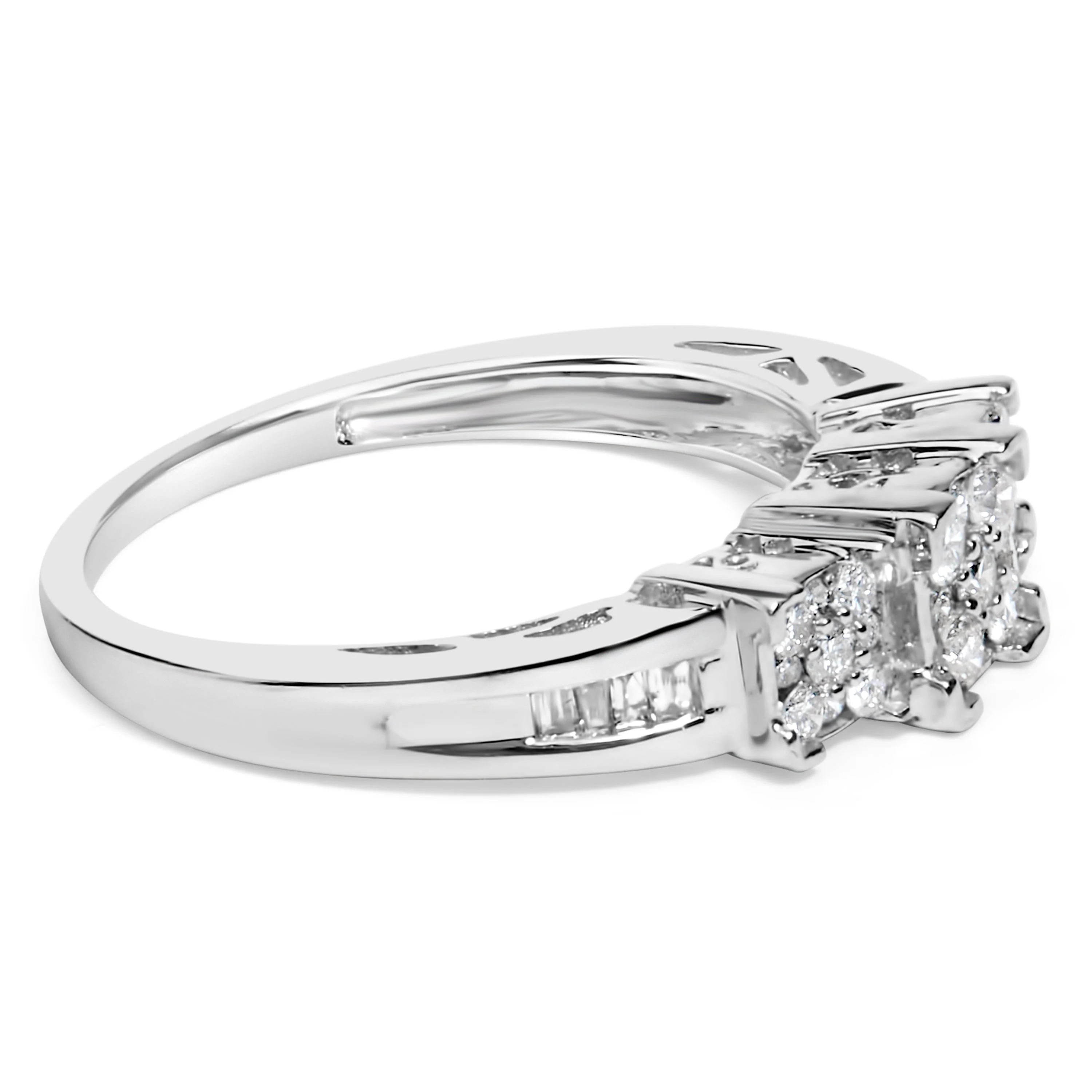 10K White Gold 1/2 Cttw Brilliant & Baguette Cut Diamond 3 Stone Design with 3 Square Clusters Engagement Ring (H-I Color, SI2-I1 Clarity) - Size 6-3/4 - Image 6
