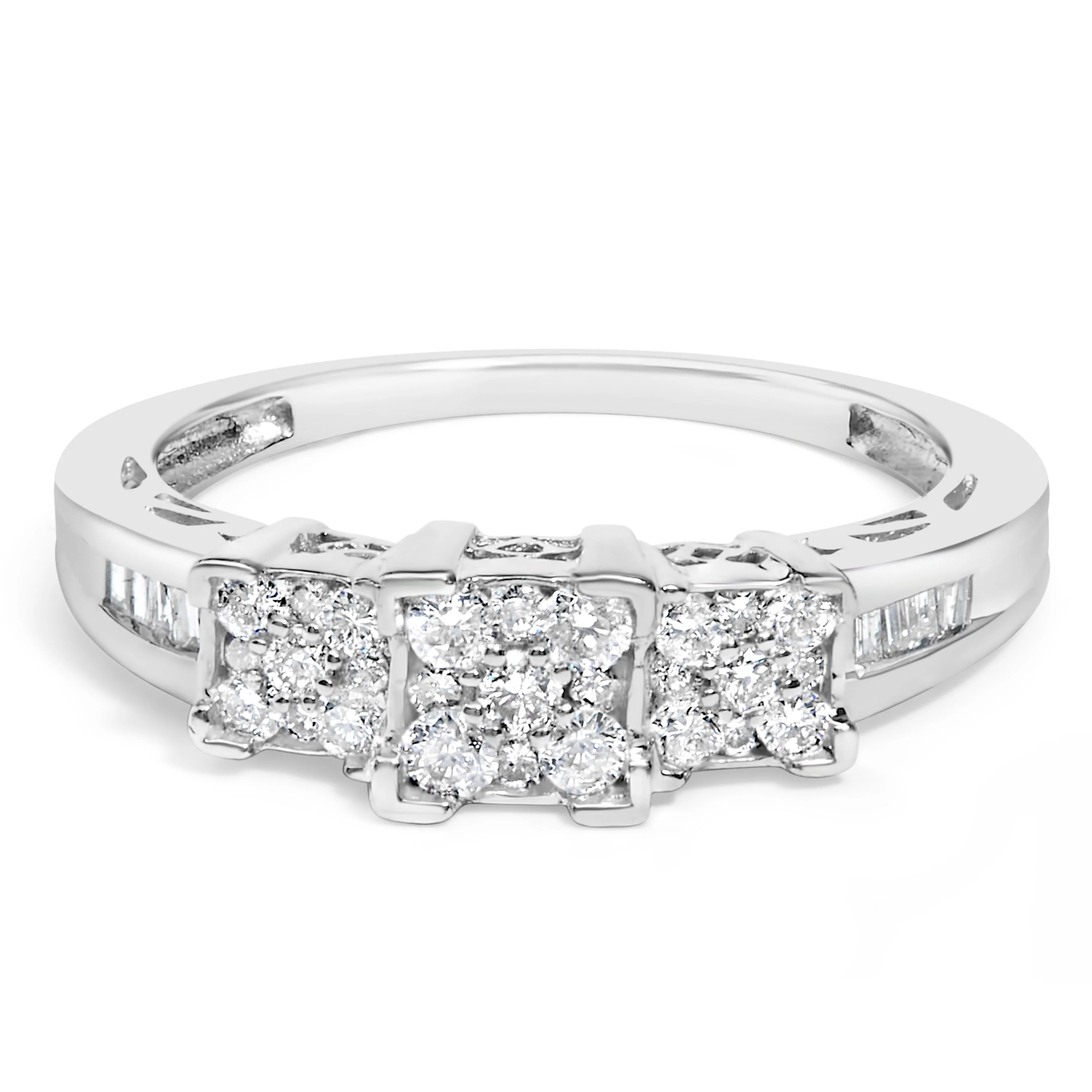 10K White Gold 1/2 Cttw Brilliant & Baguette Cut Diamond 3 Stone Design with 3 Square Clusters Engagement Ring (H-I Color, SI2-I1 Clarity) - Size 6-3/4 - Image 7