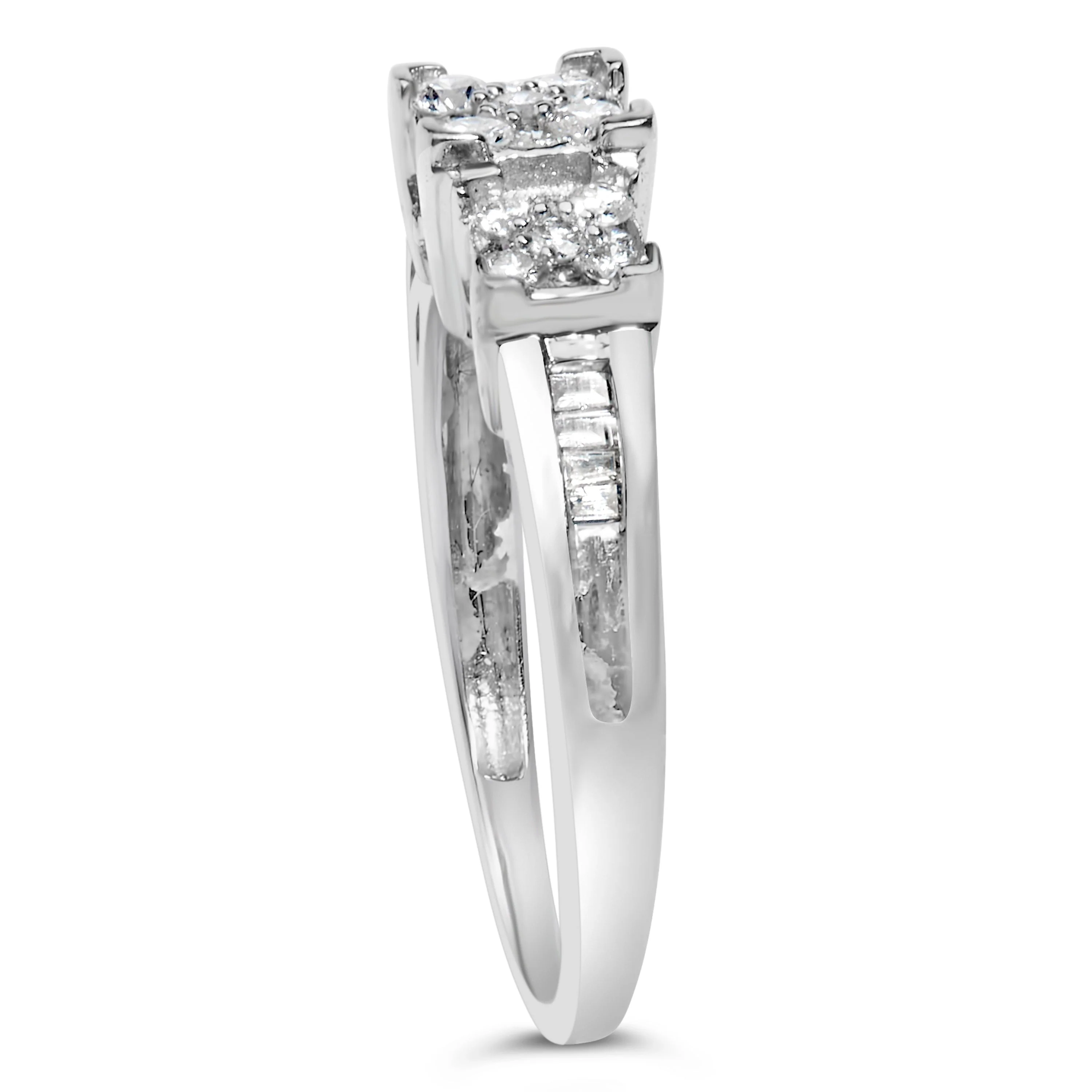 10K White Gold 1/2 Cttw Brilliant & Baguette Cut Diamond 3 Stone Design with 3 Square Clusters Engagement Ring (H-I Color, SI2-I1 Clarity) - Size 6-3/4 - Image 8