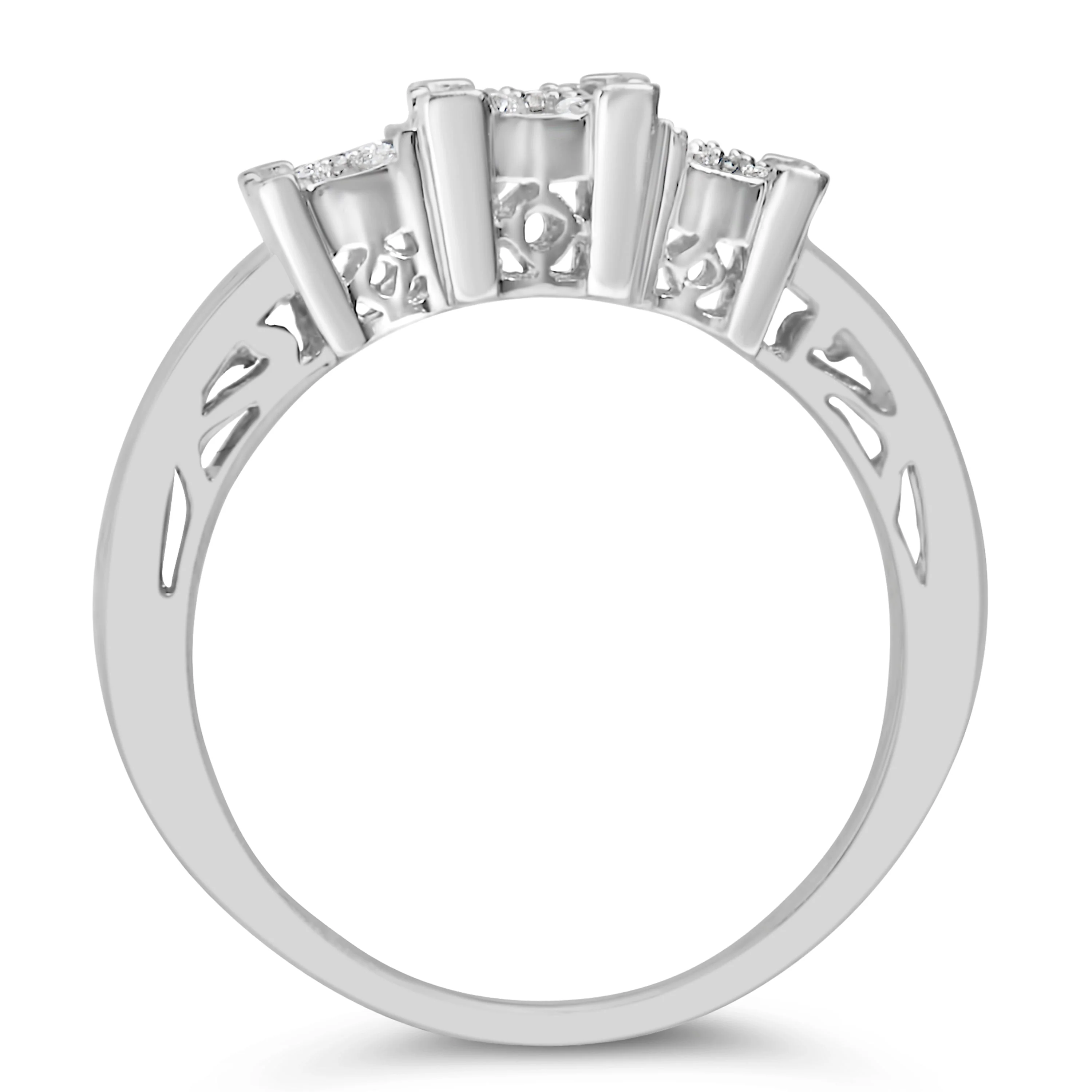 10K White Gold 1/2 Cttw Brilliant & Baguette Cut Diamond 3 Stone Design with 3 Square Clusters Engagement Ring (H-I Color, SI2-I1 Clarity) - Size 6-3/4 - Image 9