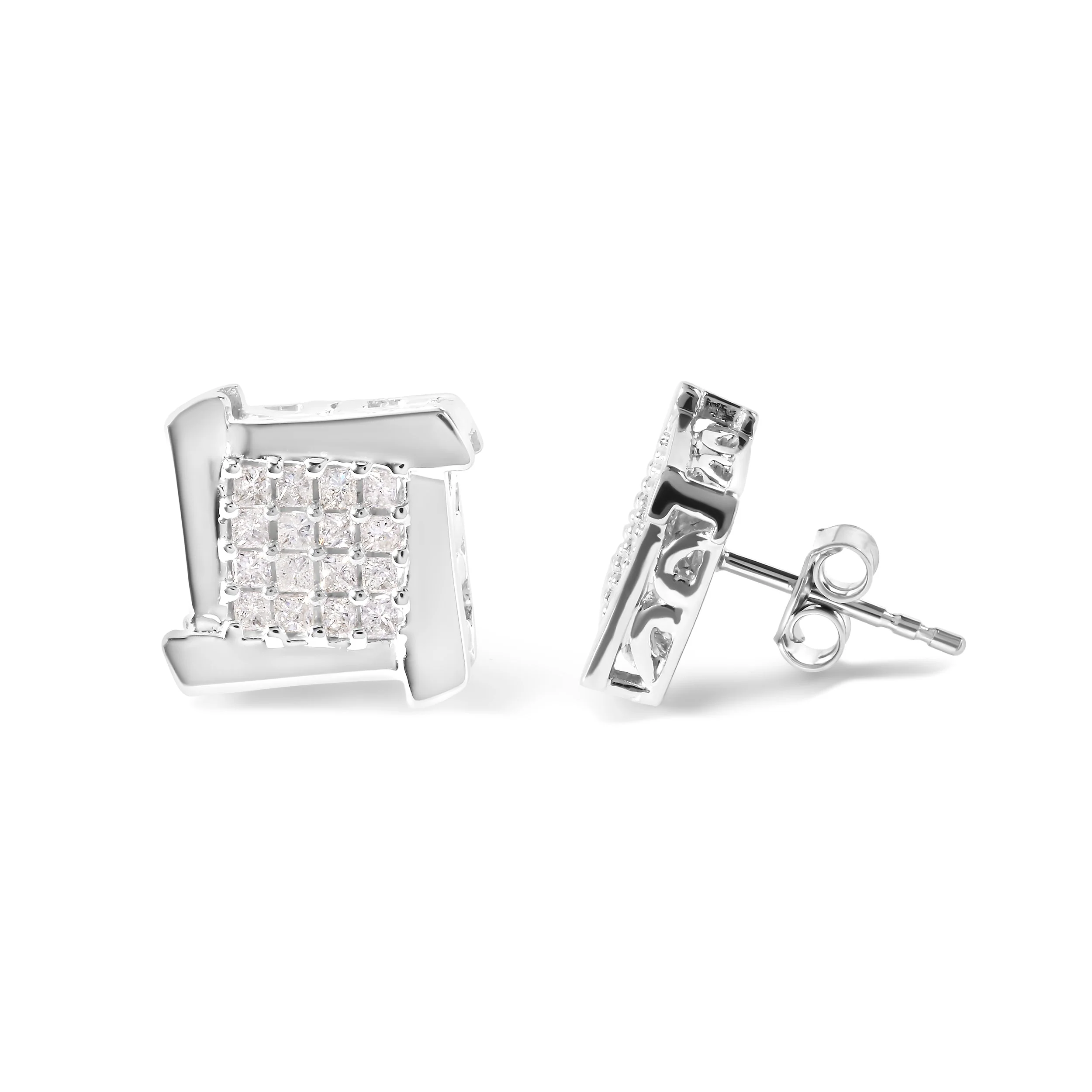 10K White Gold 1/2 Cttw Composite  Princess Diamond Square and Swirl Stud Earrings (I-J Color, I1-I2 Clarity) - Image 6