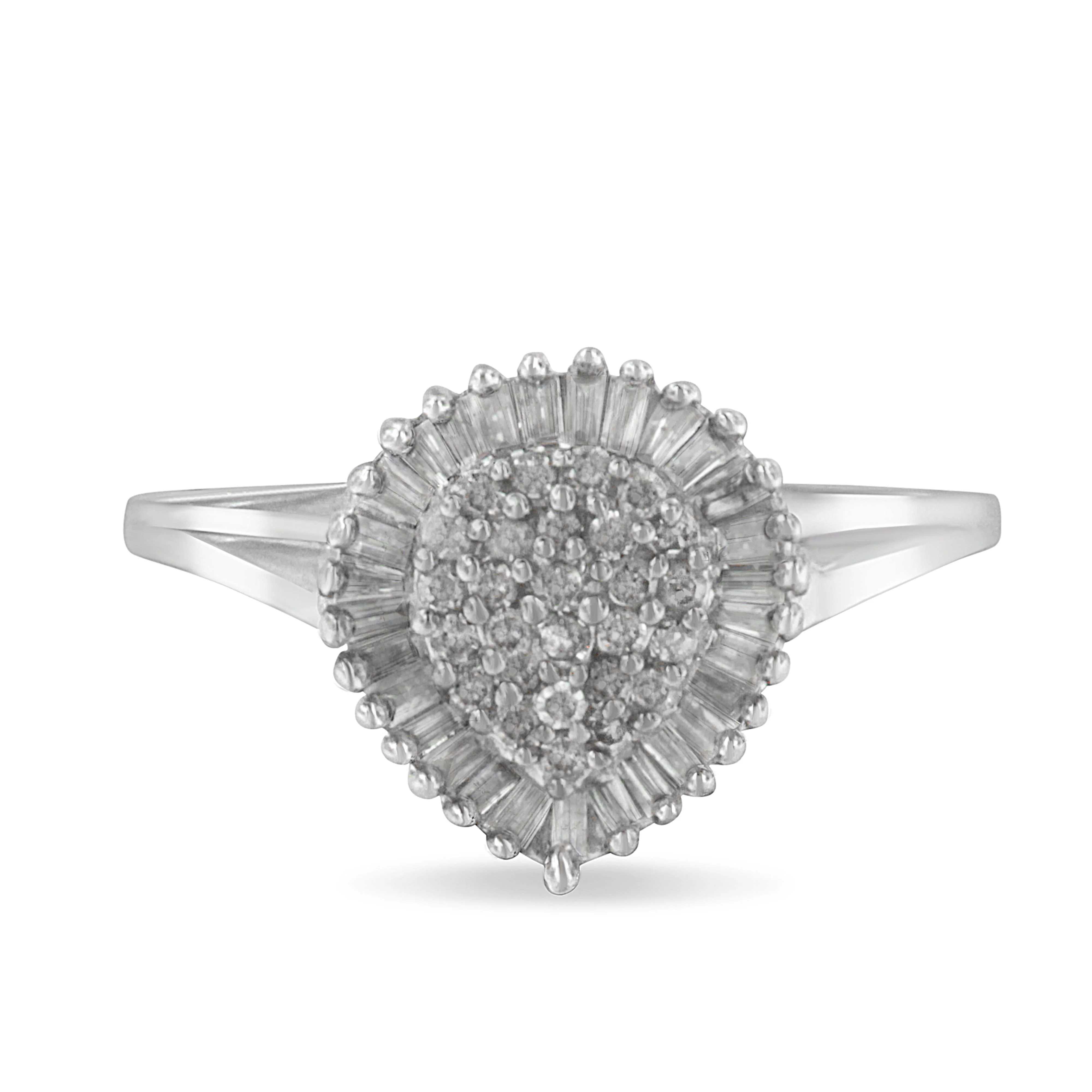 10K White Gold 1/2 Cttw Round & Baguette Cut Diamond Pear Shaped Domed PavÃ© Cluster with Halo Cocktail Ring (H-I Color, SI1-SI2 Clarity) - Size 5