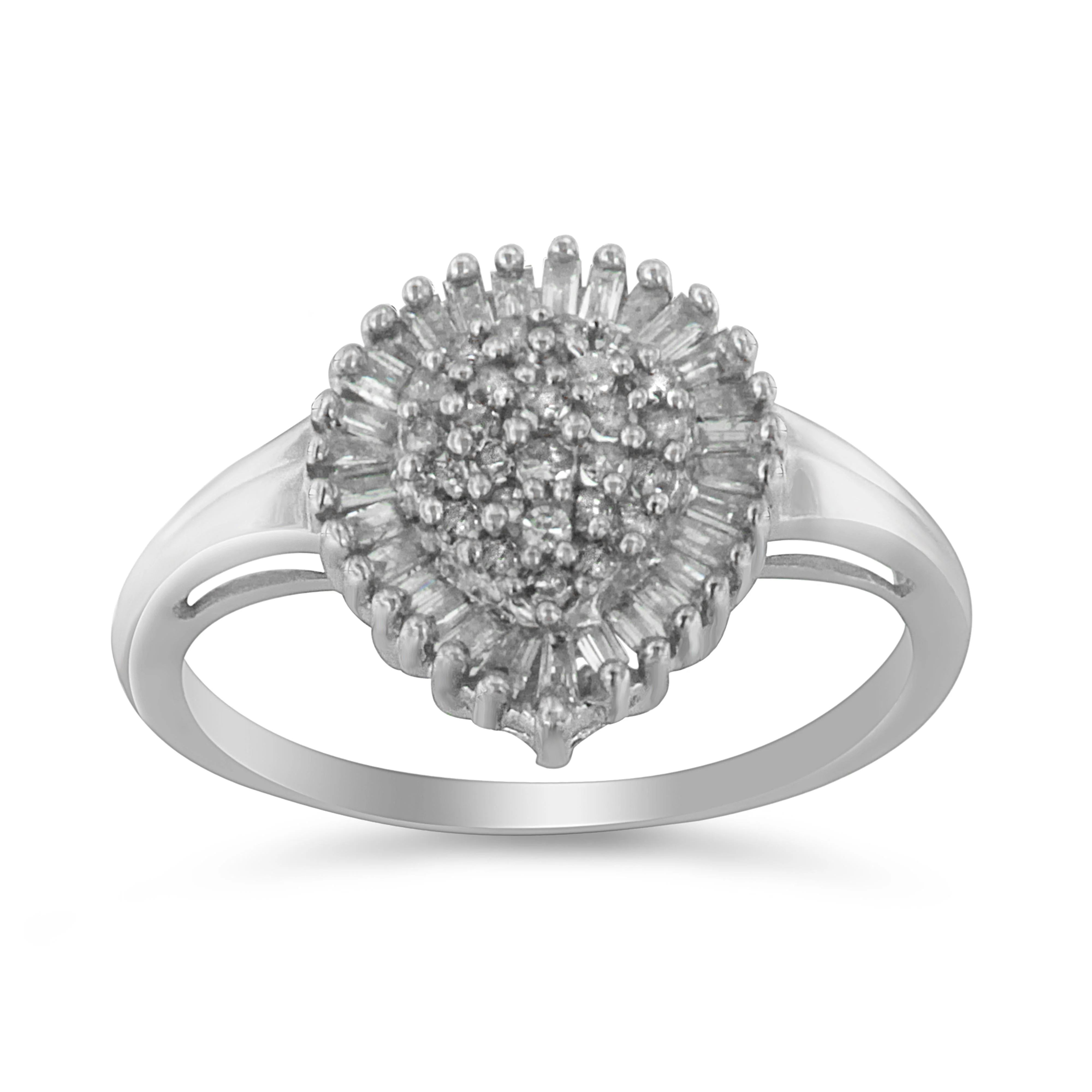 10K White Gold 1/2 Cttw Round & Baguette Cut Diamond Pear Shaped Domed PavÃ© Cluster with Halo Cocktail Ring (H-I Color, SI1-SI2 Clarity) - Size 5 - Image 2