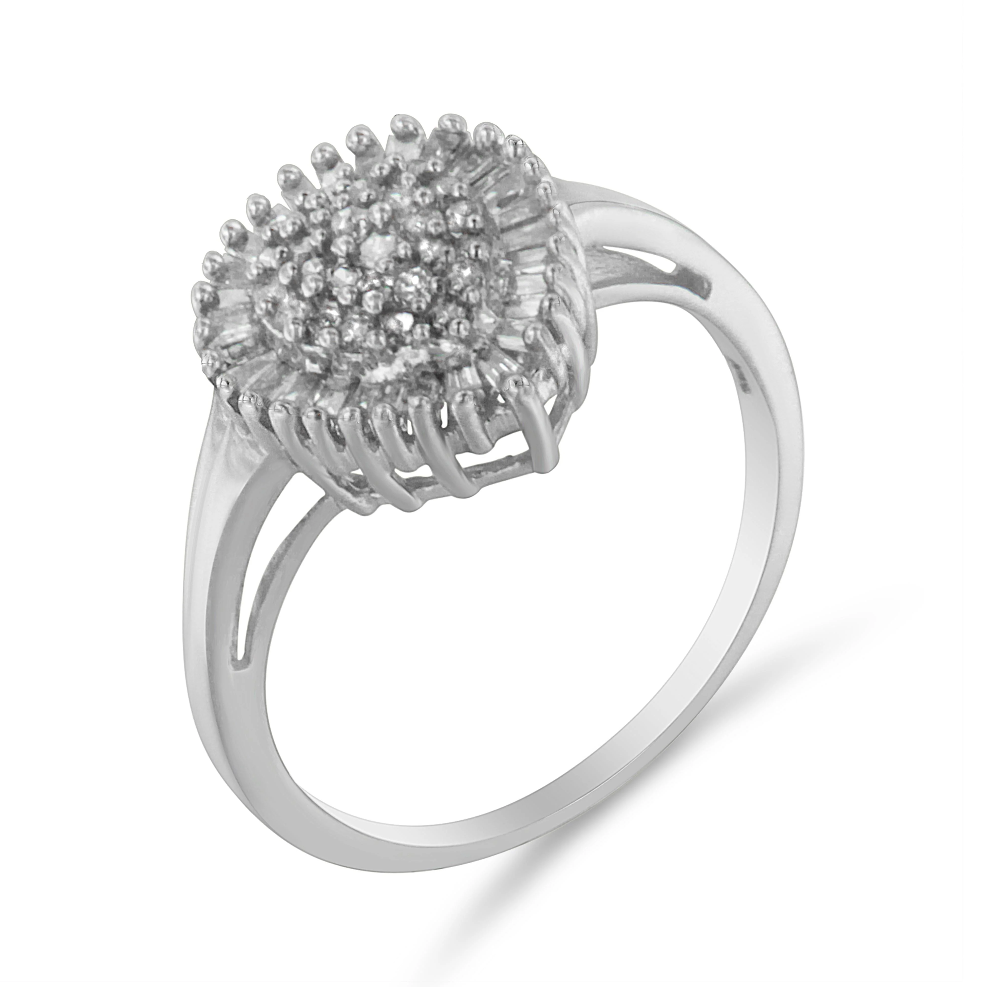 10K White Gold 1/2 Cttw Round & Baguette Cut Diamond Pear Shaped Domed PavÃ© Cluster with Halo Cocktail Ring (H-I Color, SI1-SI2 Clarity) - Size 5 - Image 3
