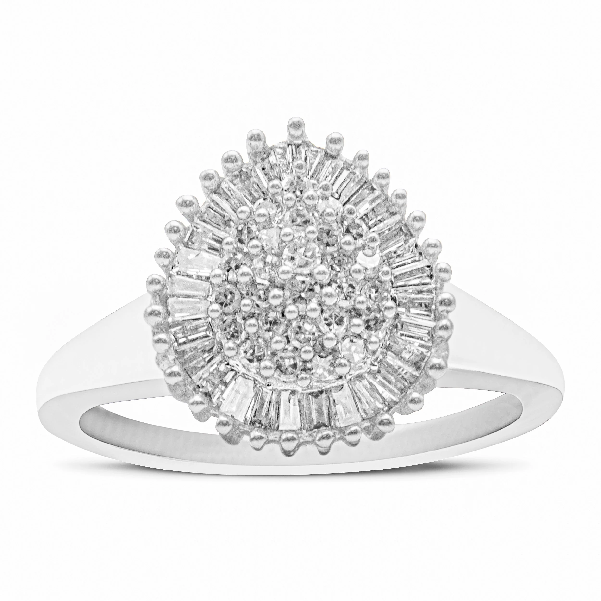 10K White Gold 1/2 Cttw Round & Baguette Cut Diamond Pear Shaped Domed PavÃ© Cluster with Halo Cocktail Ring (H-I Color, SI1-SI2 Clarity) - Size 5 - Image 6