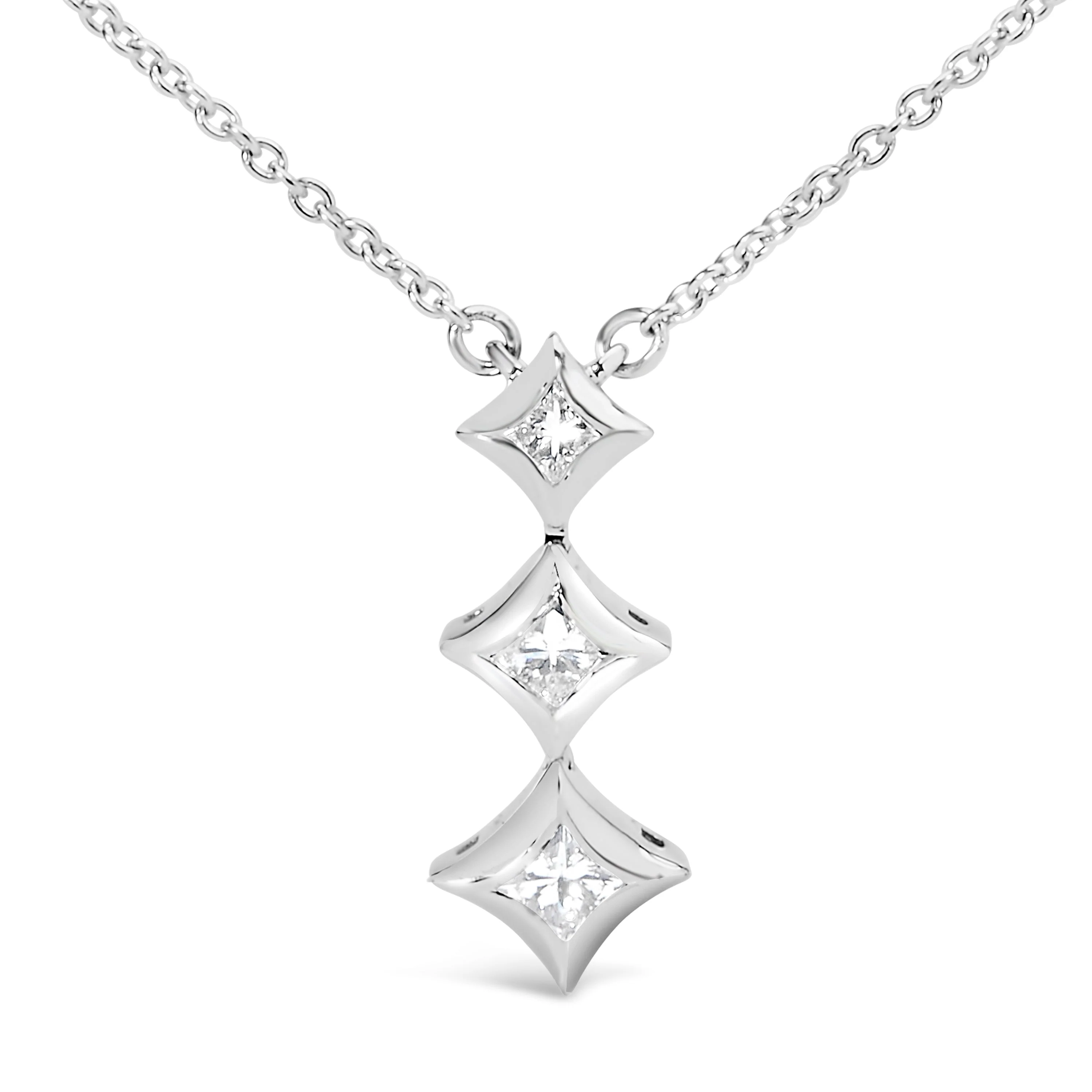 10K White Gold 1/5 Cttw Princess Cut Diamond 3 Stone Drop 18" Pendant Necklace (H-I Color, SI2-I1 Clarity) - Image 6