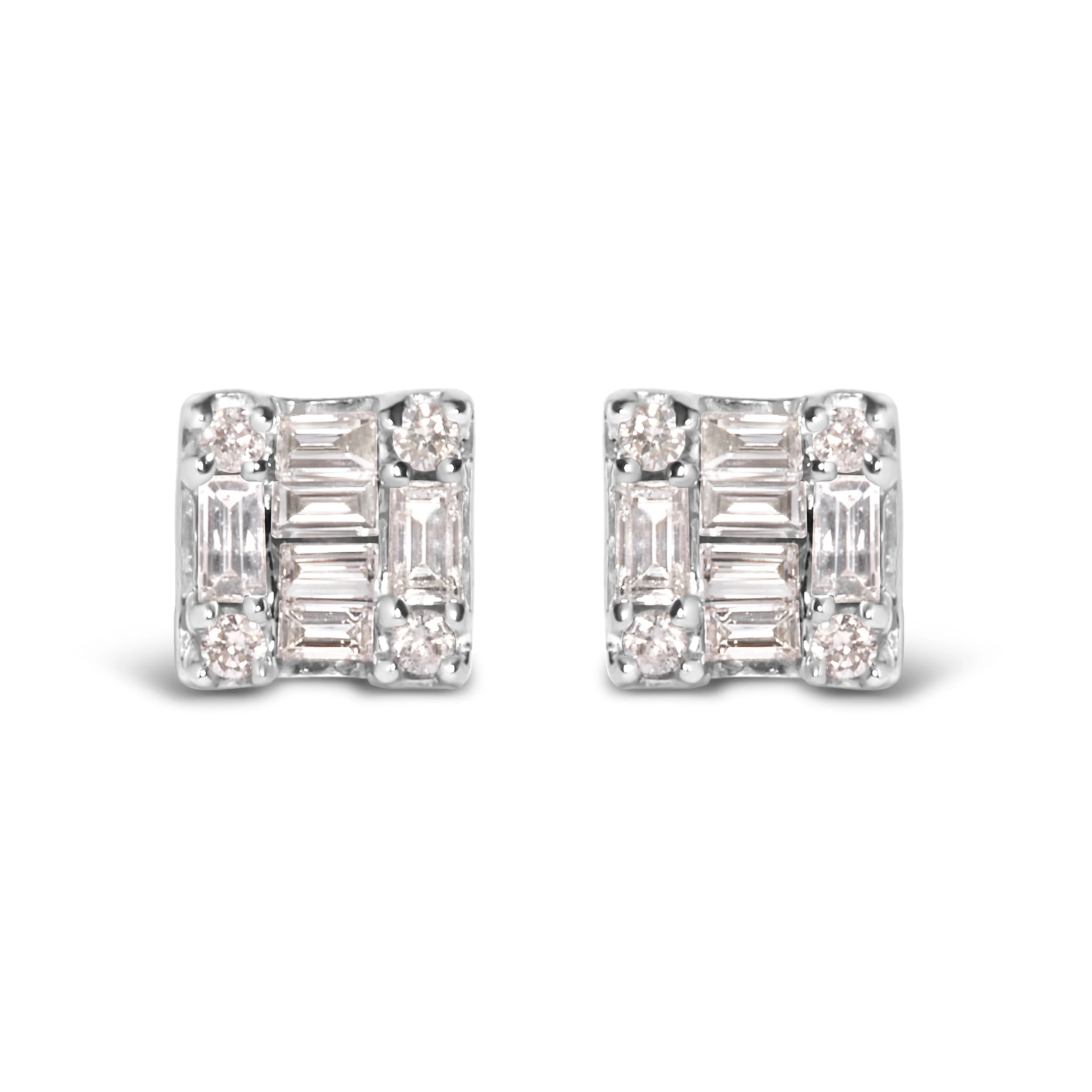10K White Gold 1/7 Cttw Round and Baguette Diamond Mosaic Square Stud Earrings (H-I Color, I1-I2 Clarity) - Image 4