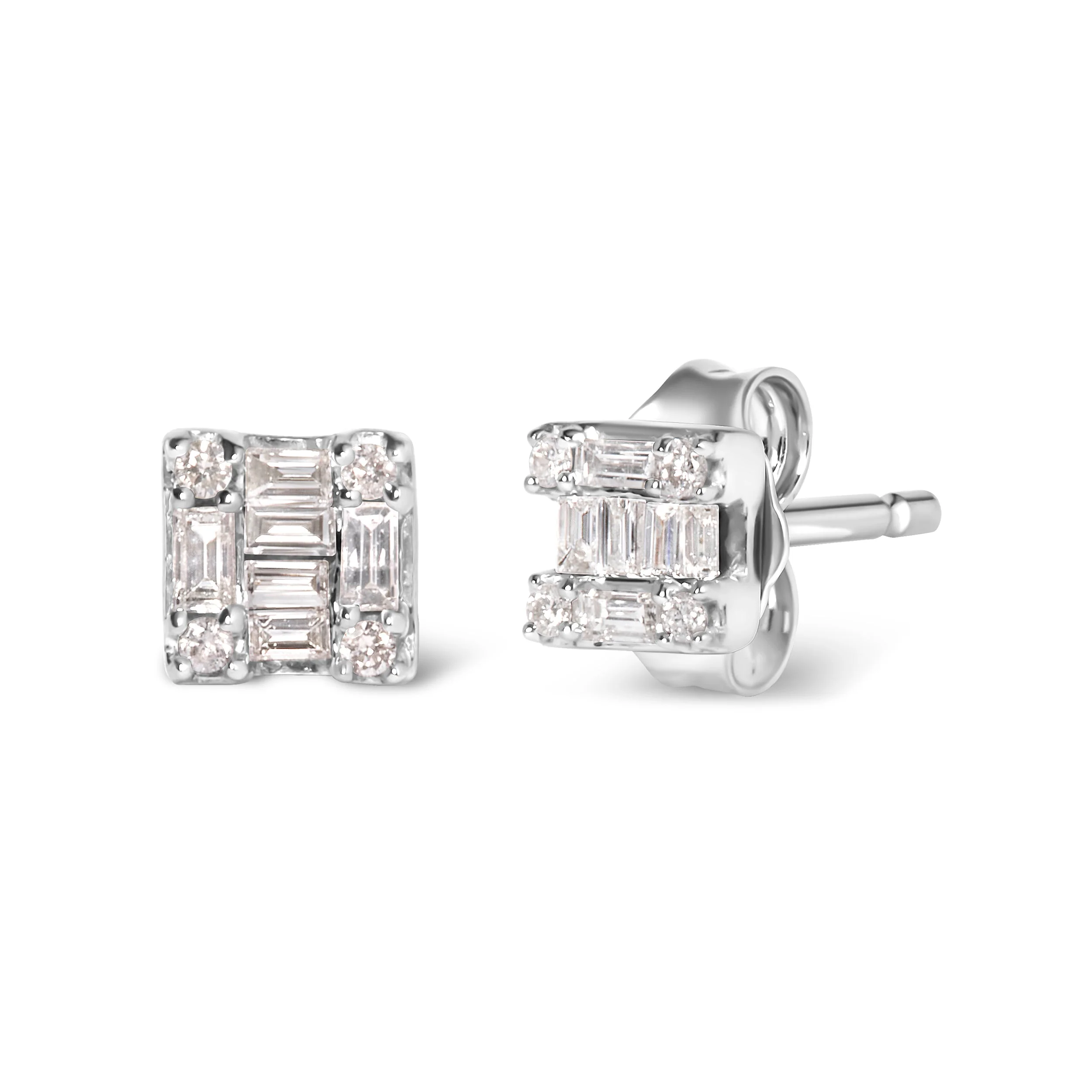 10K White Gold 1/7 Cttw Round and Baguette Diamond Mosaic Square Stud Earrings (H-I Color, I1-I2 Clarity) - Image 5