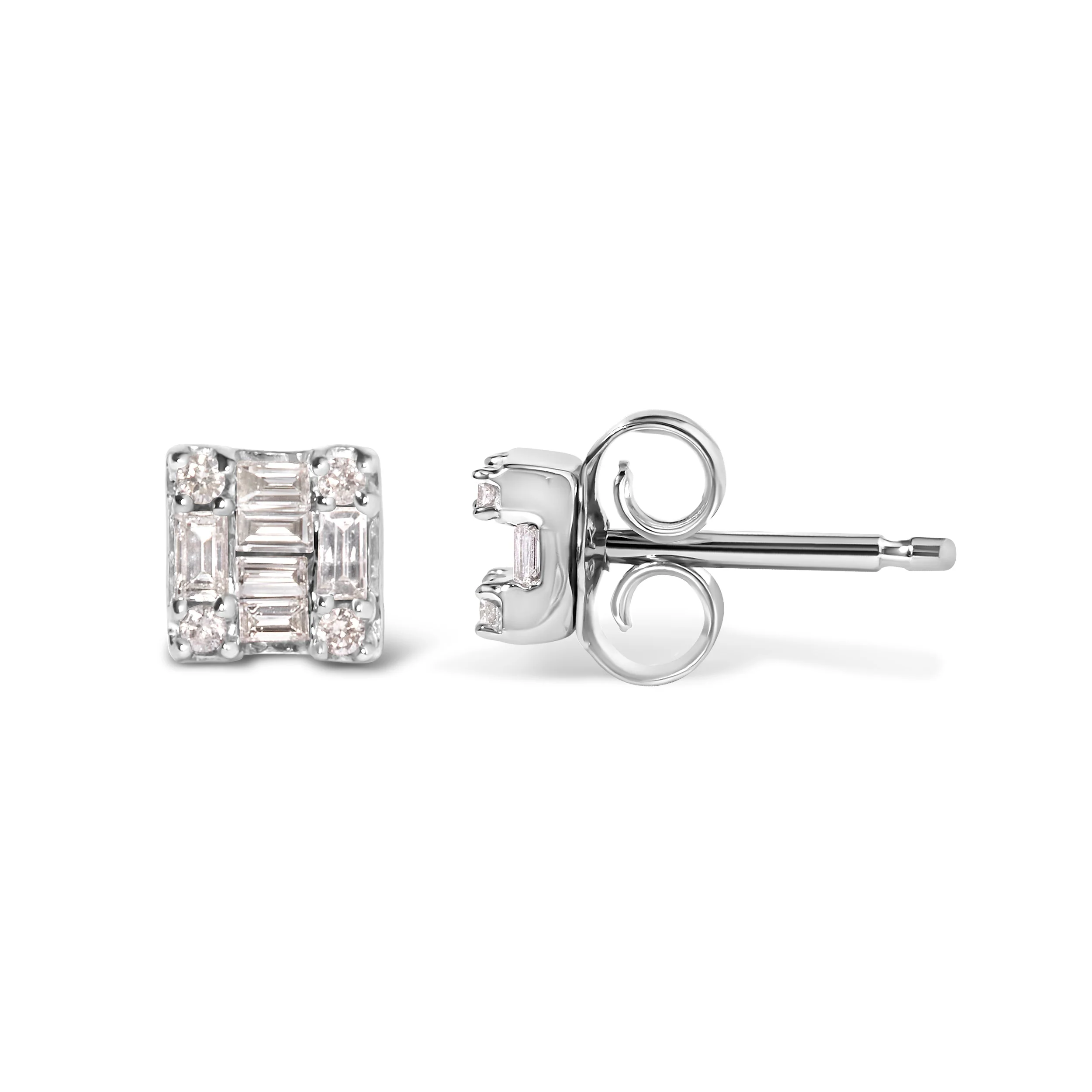 10K White Gold 1/7 Cttw Round and Baguette Diamond Mosaic Square Stud Earrings (H-I Color, I1-I2 Clarity) - Image 6
