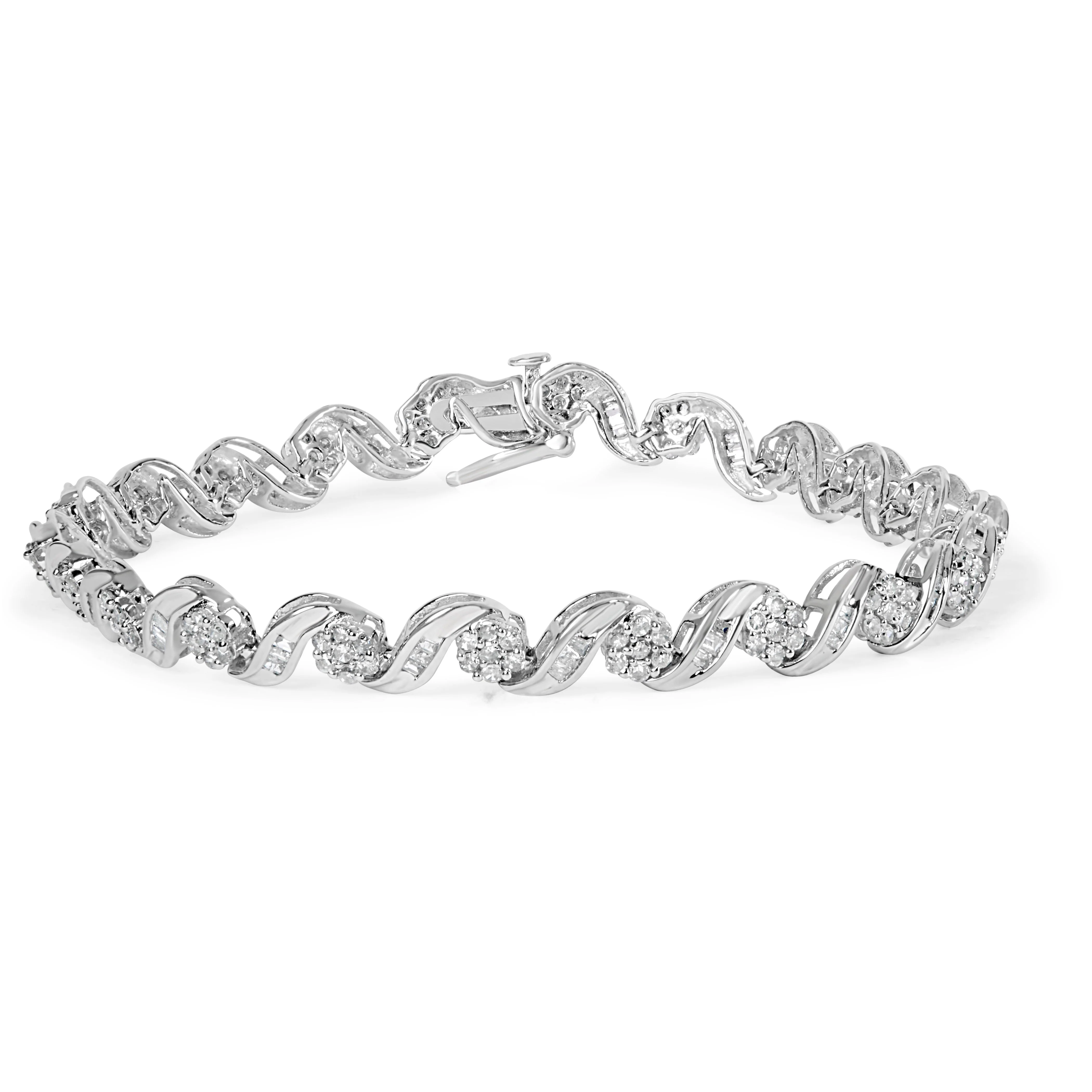 10K White Gold 2.00 Cttw Round-Cut and Baguette-Cut Diamond Floral Design Swirl Link 7" Bracelet (I-J Color, I1-I2 Clarity) - Image 3