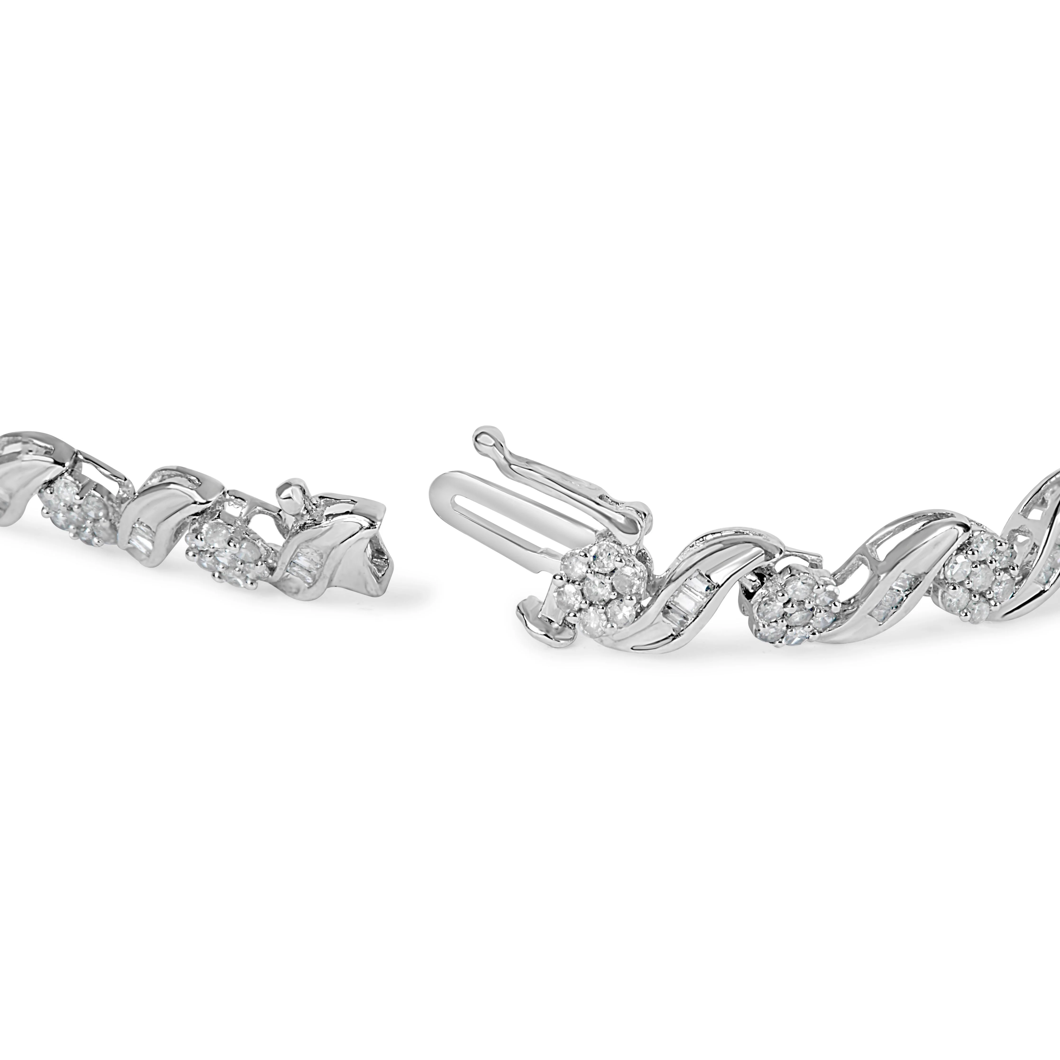 10K White Gold 2.00 Cttw Round-Cut and Baguette-Cut Diamond Floral Design Swirl Link 7" Bracelet (I-J Color, I1-I2 Clarity) - Image 4