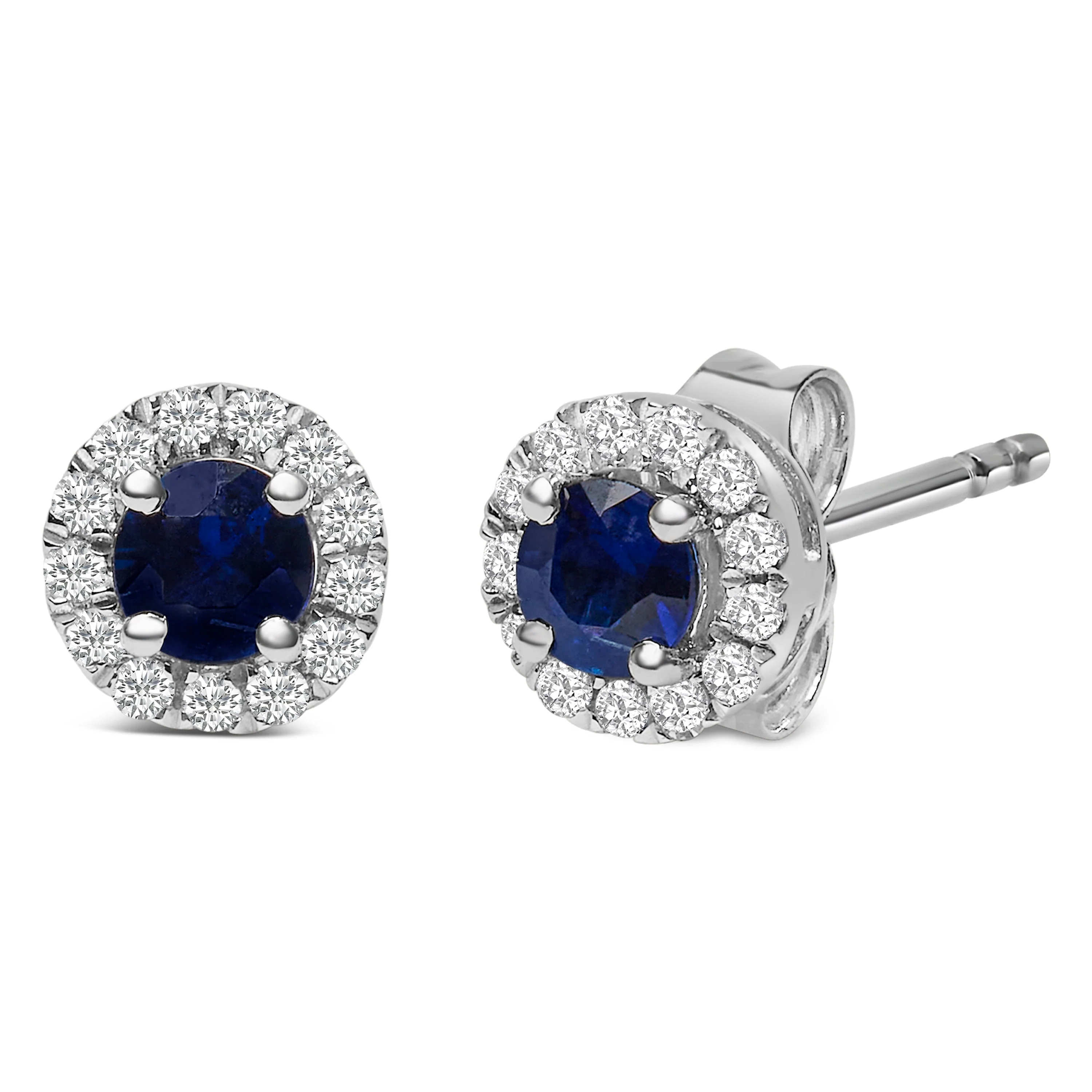 10K White Gold 3.25mm x 3.25mm Round Blue Sapphire and 1/10 Cttw Diamond Halo Stud Earrings (I-J Color, I1-I2 Clarity) - Image 2