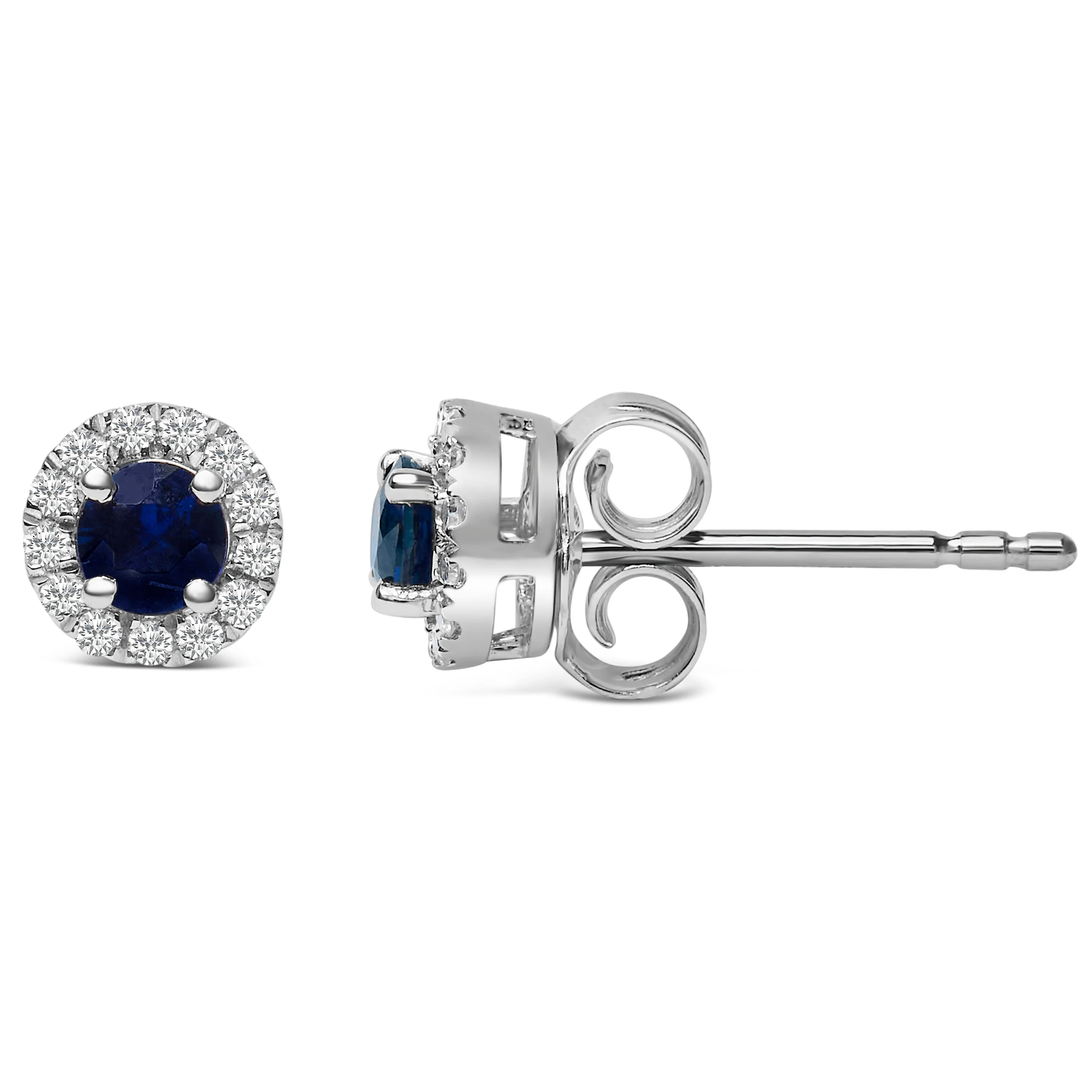 10K White Gold 3.25mm x 3.25mm Round Blue Sapphire and 1/10 Cttw Diamond Halo Stud Earrings (I-J Color, I1-I2 Clarity) - Image 3