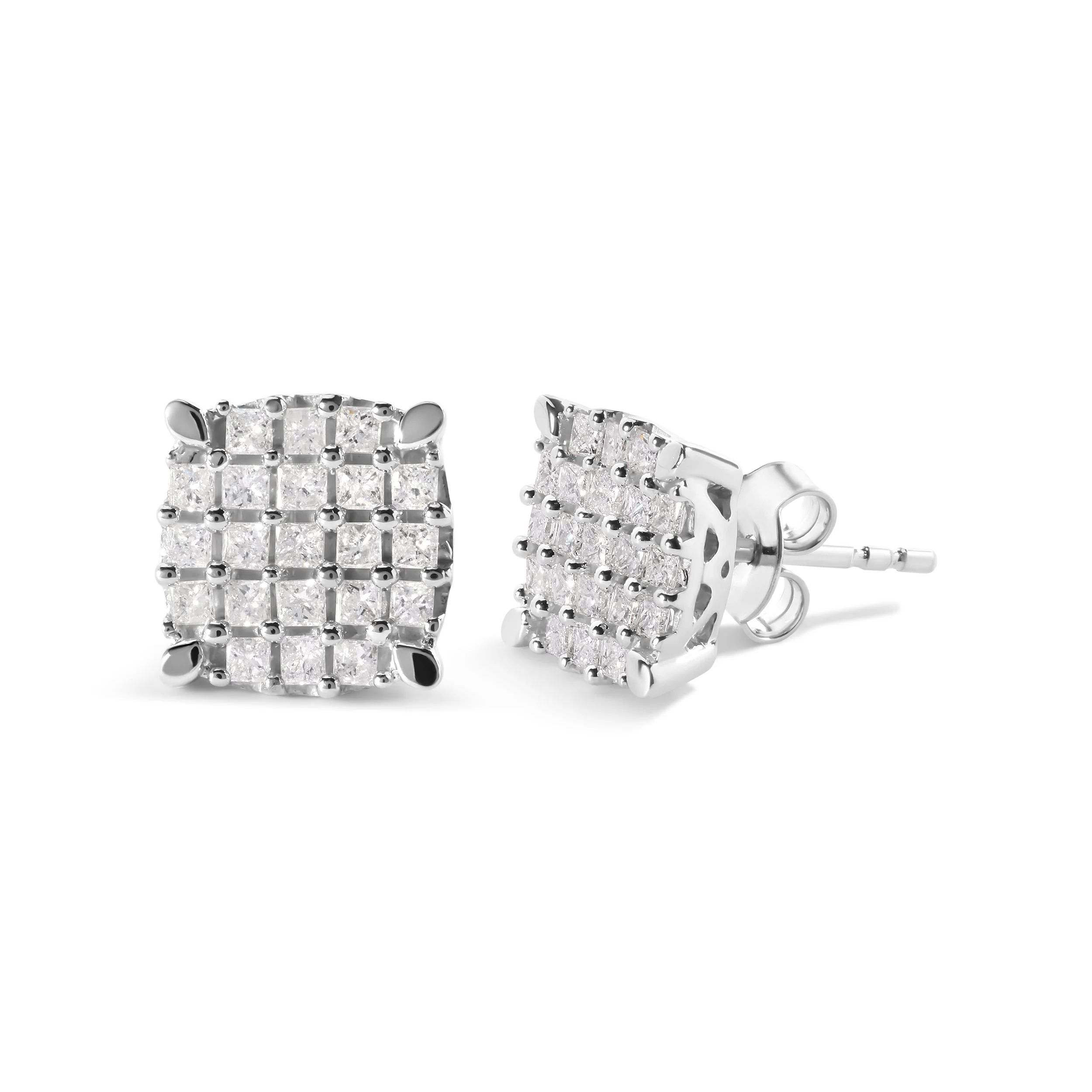 10K White Gold 3/4 Cttw Princess Diamond Composite Cushion Shape Stud Earrings (I-J Color, I1-I2 Clarity) - Image 2