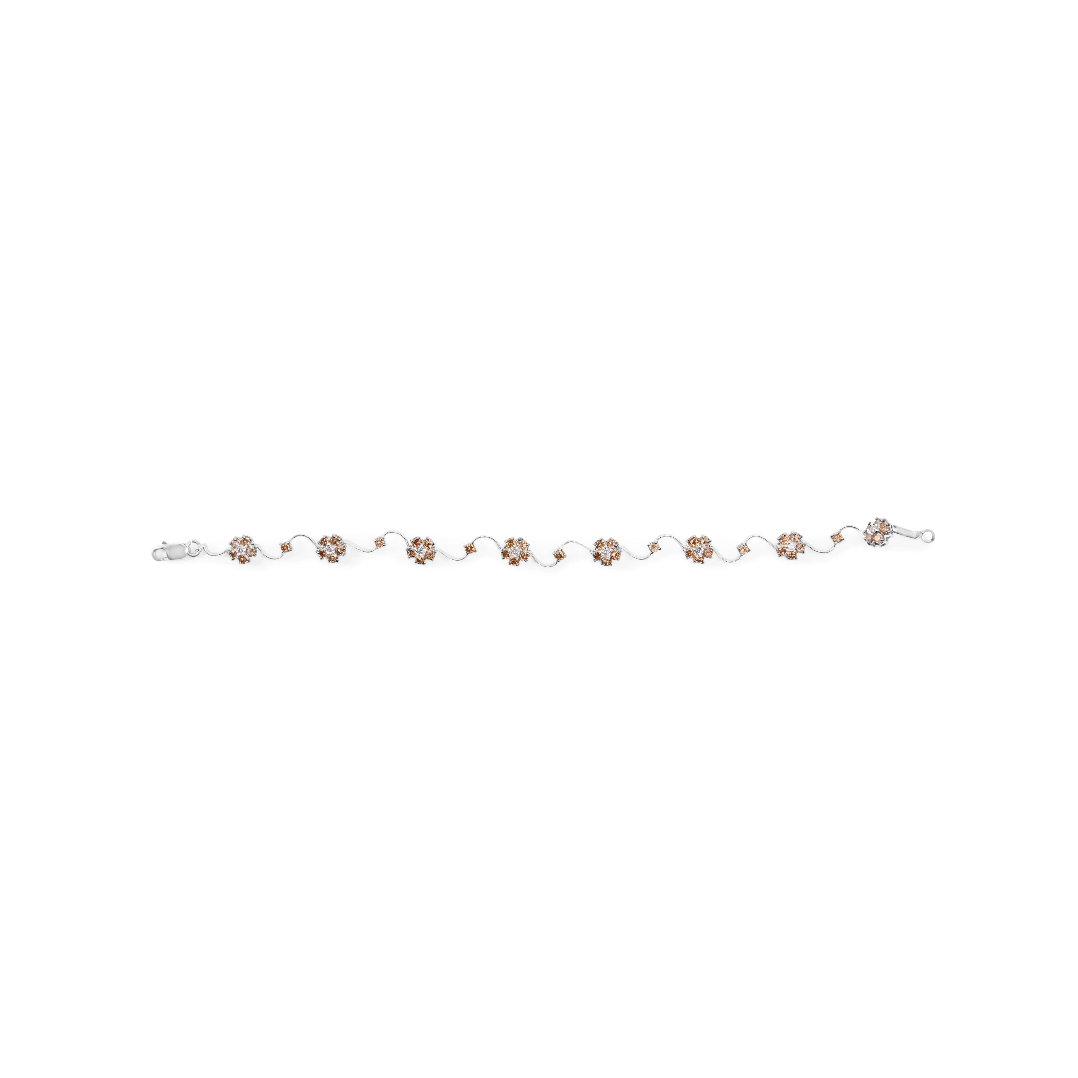 10K White Gold 4.0 Cttw Champagne and White Diamond Floral Cluster and Station Link Bracelet (H-I Color, SI2-I1 Clarity) - 7" Inches - Image 4