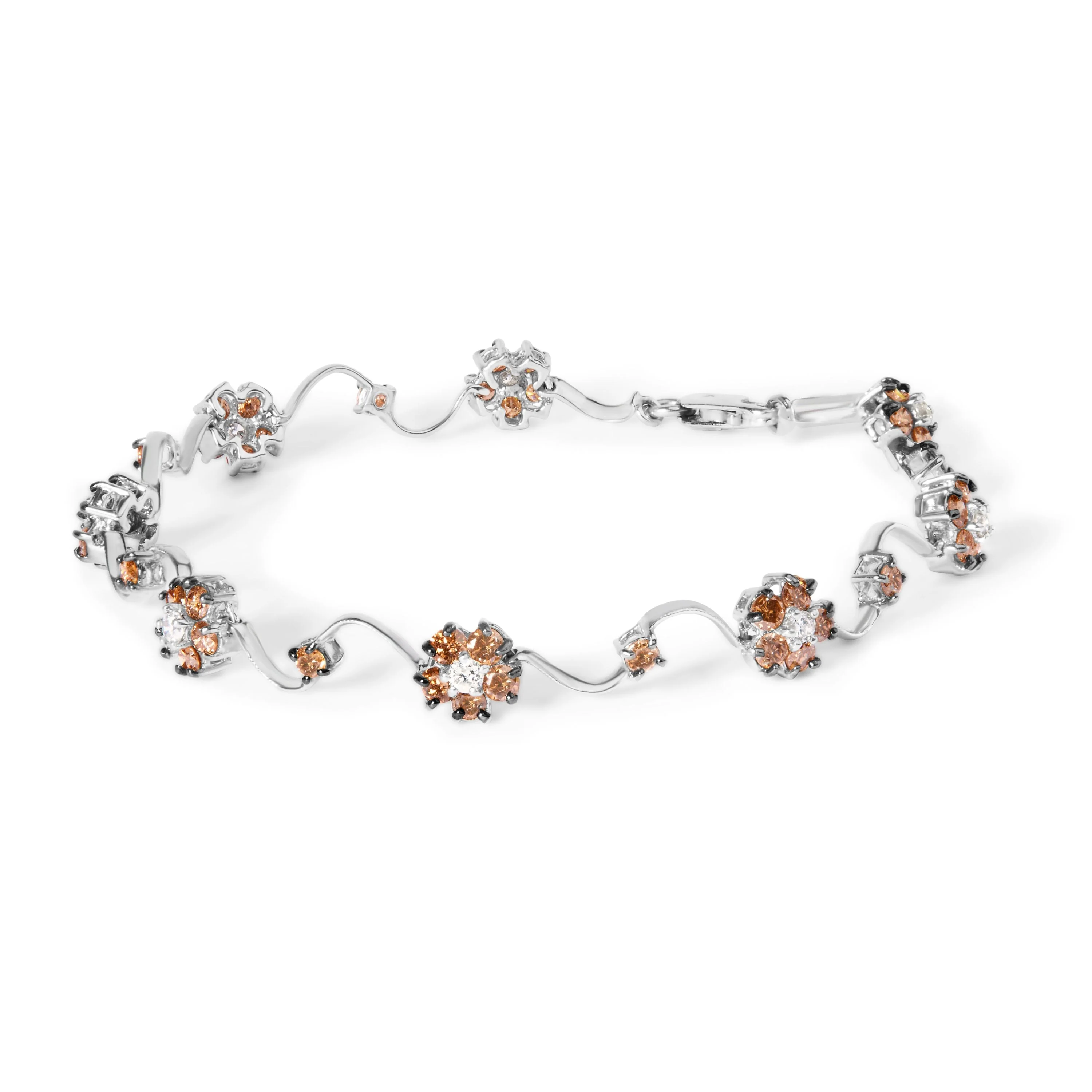 10K White Gold 4.0 Cttw Champagne and White Diamond Floral Cluster and Station Link Bracelet (H-I Color, SI2-I1 Clarity) - 7" Inches - Image 5