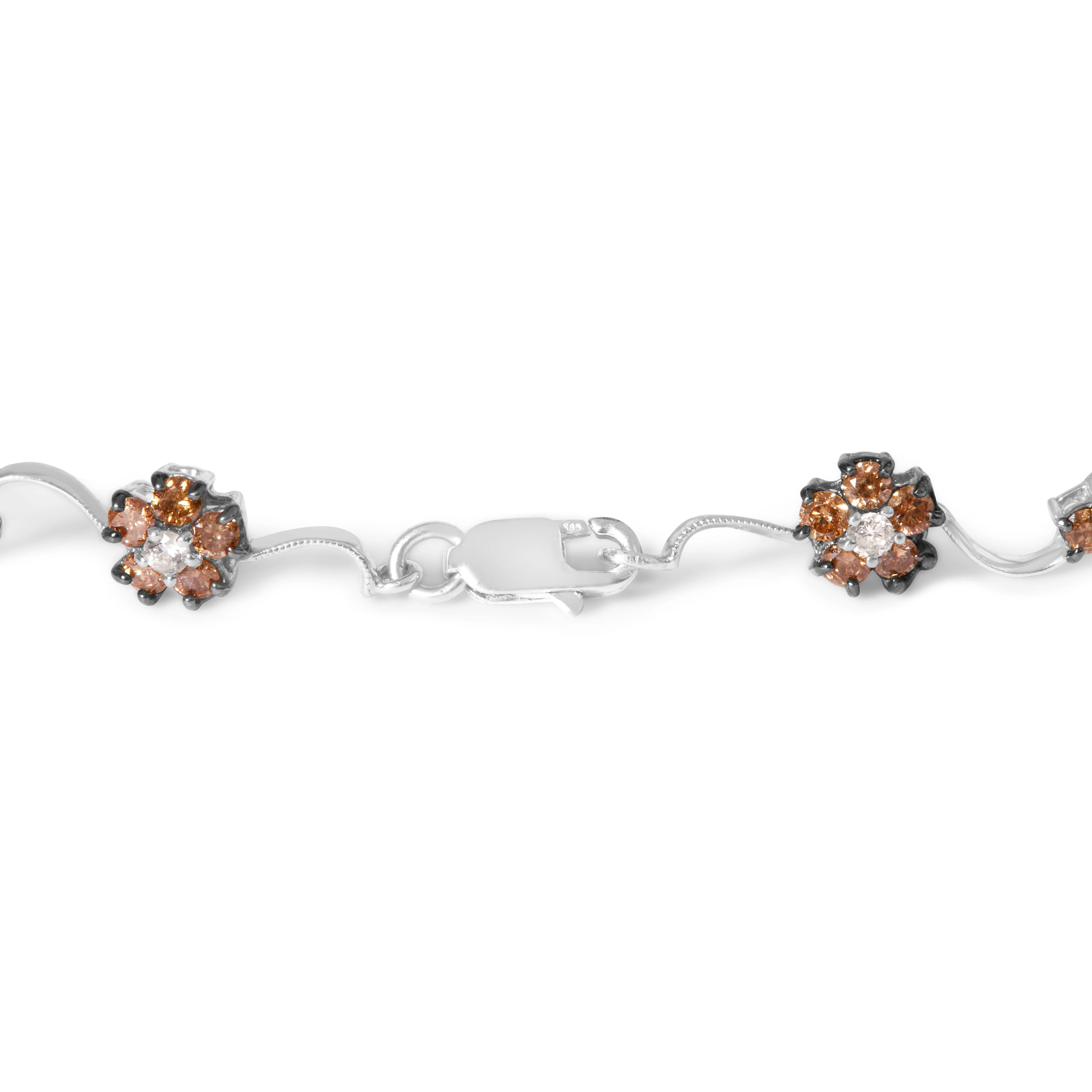 10K White Gold 4.0 Cttw Champagne and White Diamond Floral Cluster and Station Link Bracelet (H-I Color, SI2-I1 Clarity) - 7" Inches - Image 6