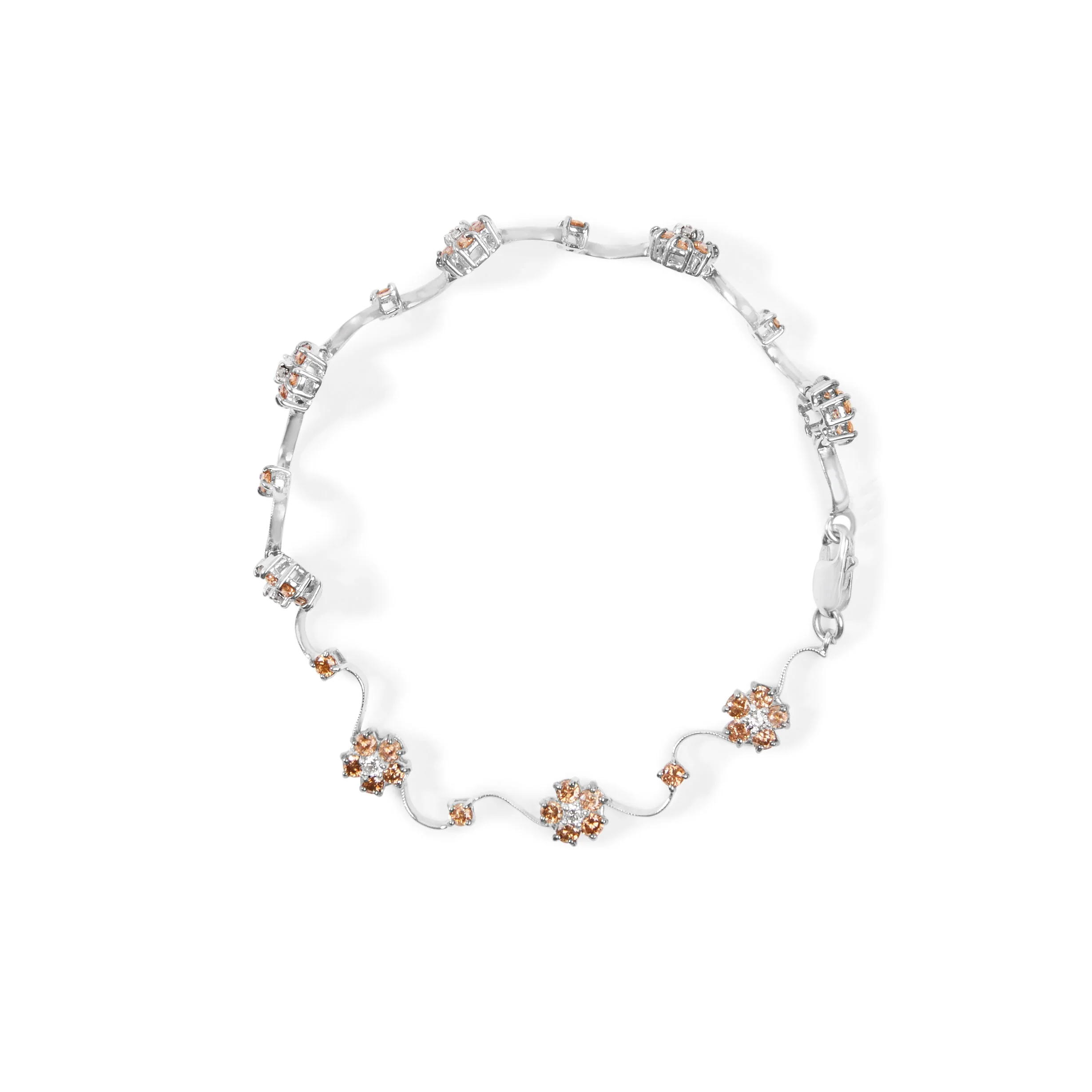 10K White Gold 4.0 Cttw Champagne and White Diamond Floral Cluster and Station Link Bracelet (H-I Color, SI2-I1 Clarity) - 7" Inches - Image 7