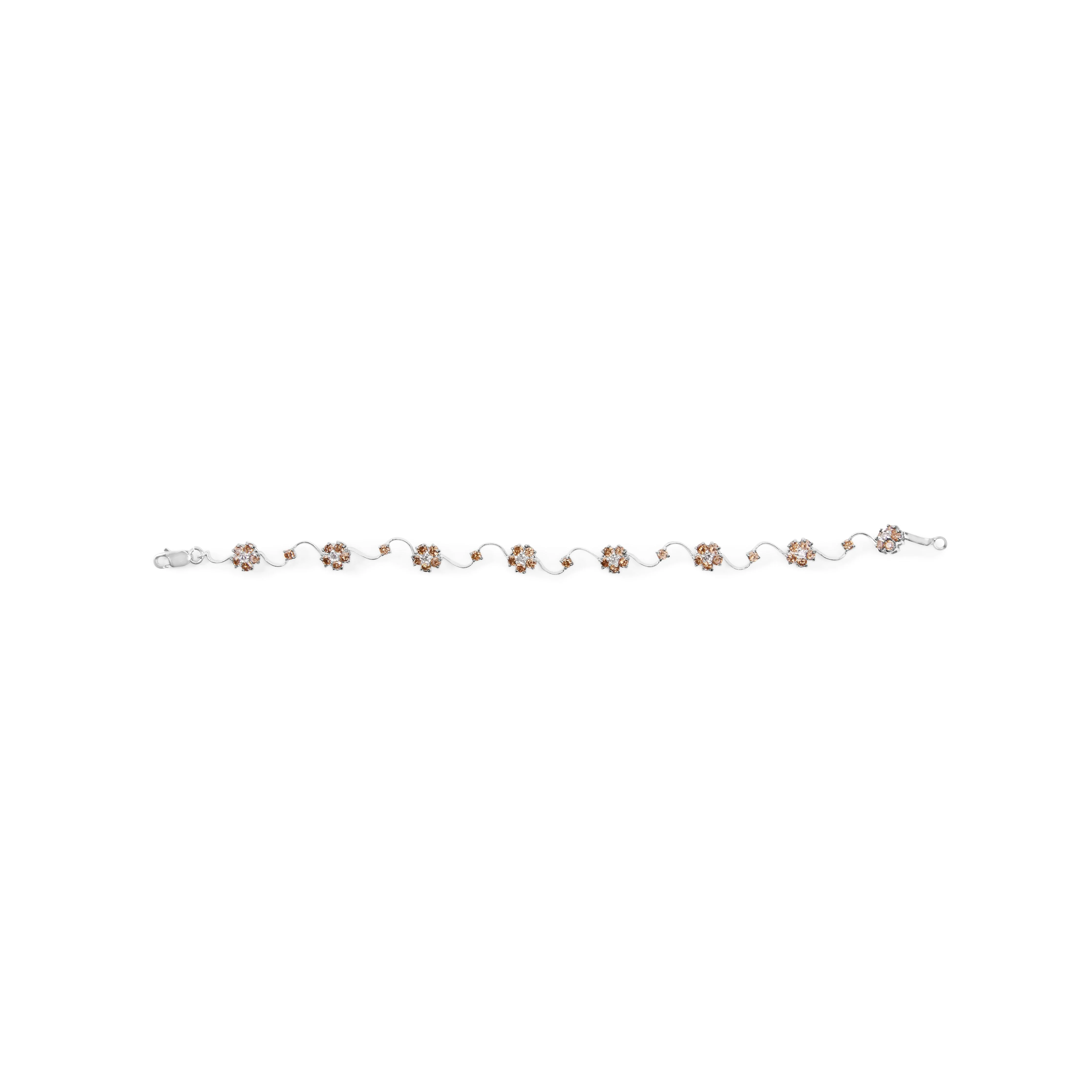 10K White Gold 4.0 Cttw Champagne and White Diamond Floral Cluster and Station Link Bracelet (H-I Color, SI2-I1 Clarity) - 7" Inches - Image 8
