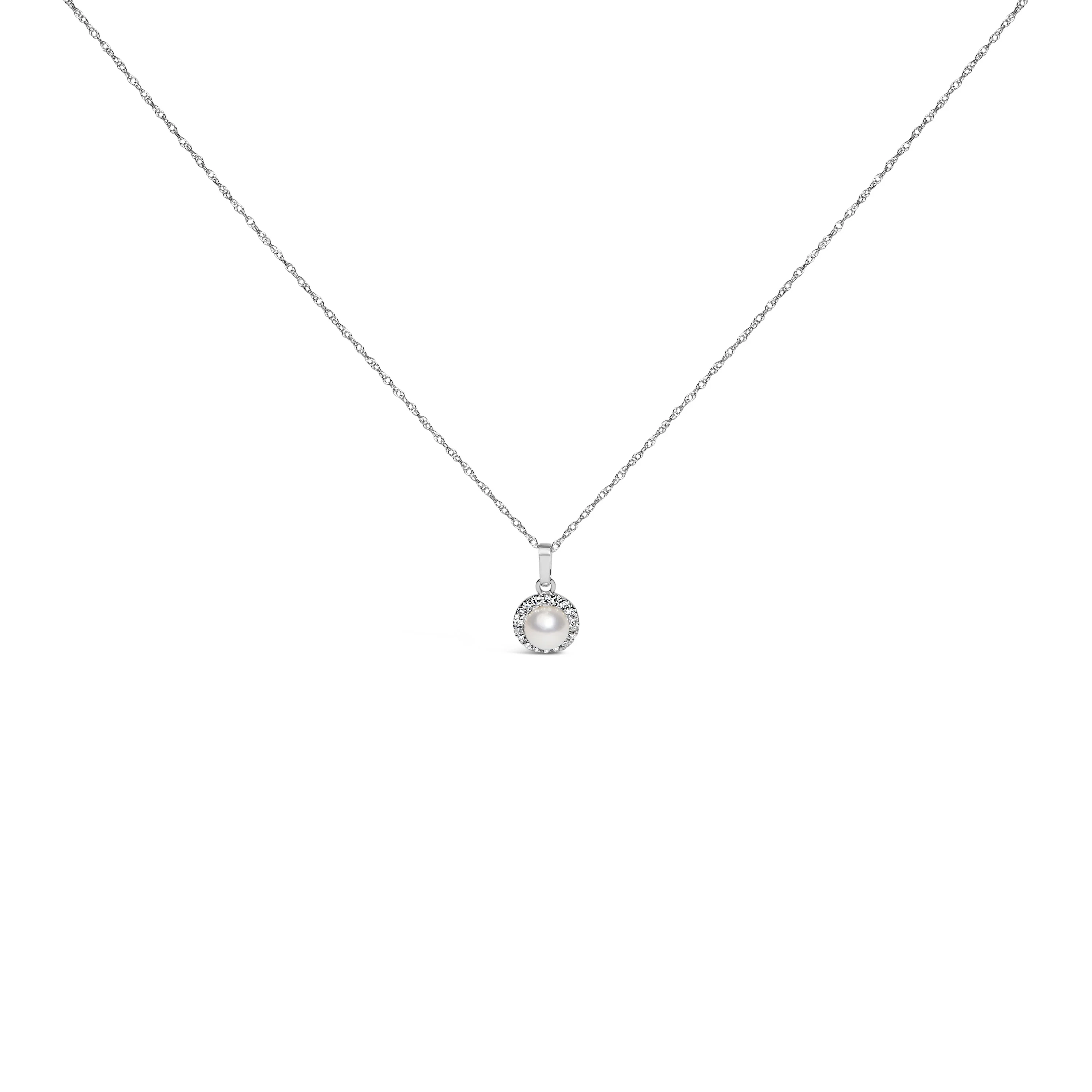 10K White Gold 5MM Cultured Pearl and Diamond Accent Halo Pendant Necklace