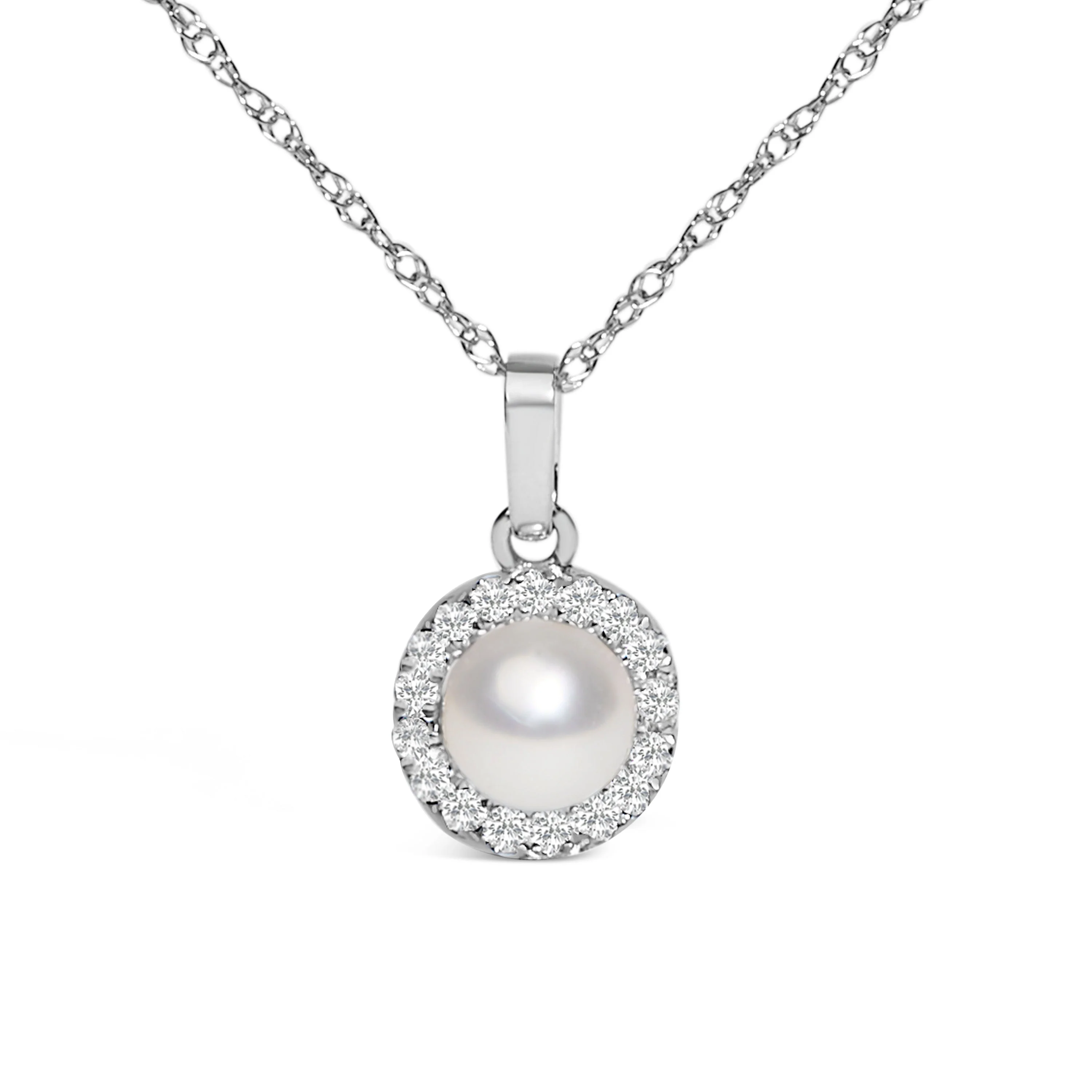 10K White Gold 5MM Cultured Pearl and Diamond Accent Halo Pendant Necklace - Image 2