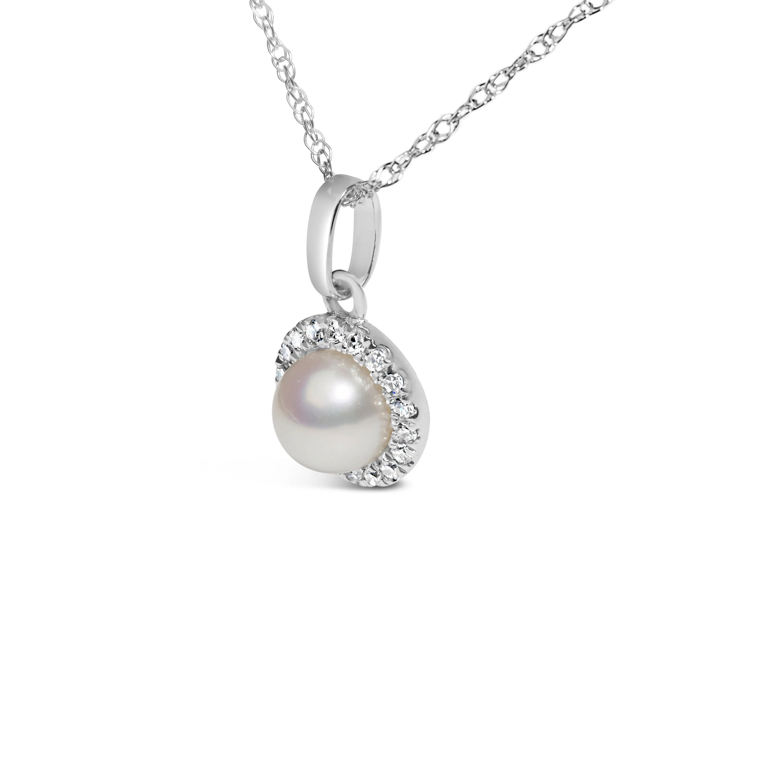 10K White Gold 5MM Cultured Pearl and Diamond Accent Halo Pendant Necklace - Image 3
