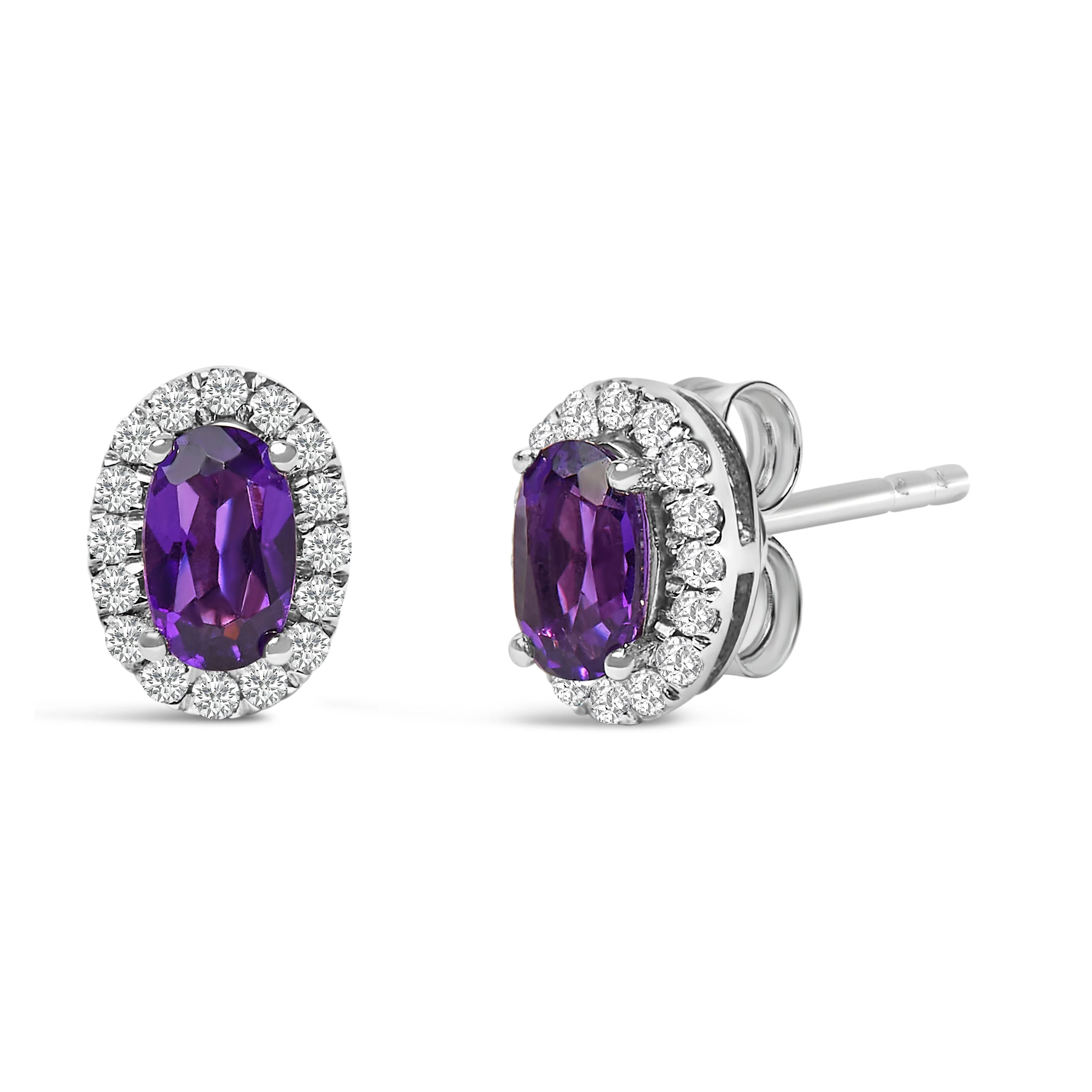 10K White Gold 5x3 MM Oval Purple Amethyst and Diamond Halo Stud Earrings (I-J Color, I1-I2 Clarity) - Image 2