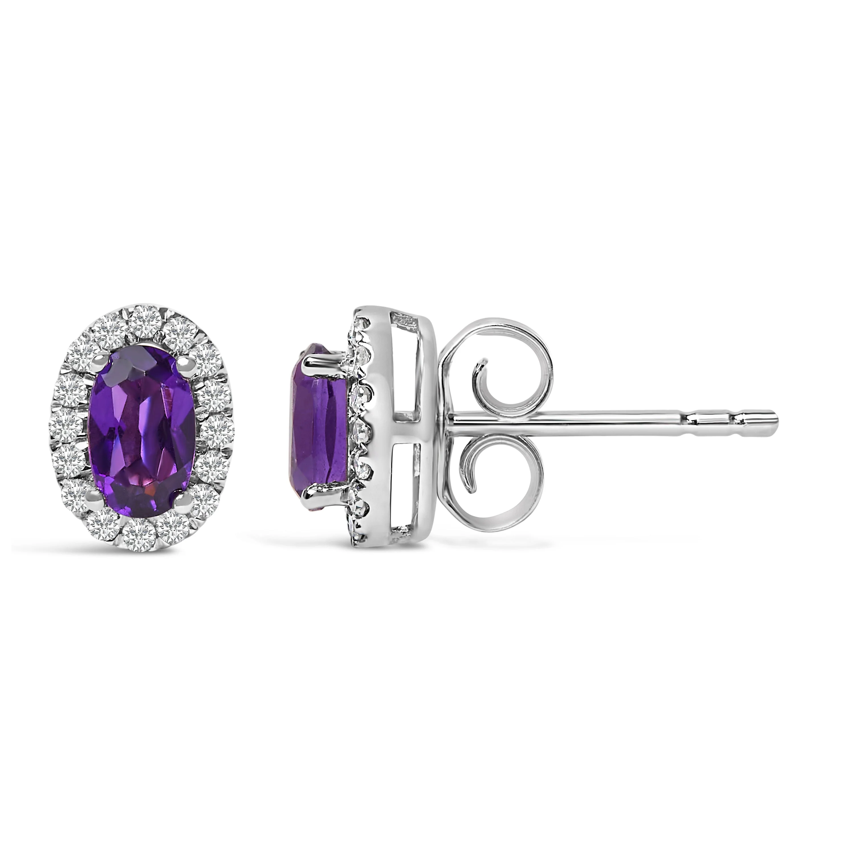 10K White Gold 5x3 MM Oval Purple Amethyst and Diamond Halo Stud Earrings (I-J Color, I1-I2 Clarity) - Image 3