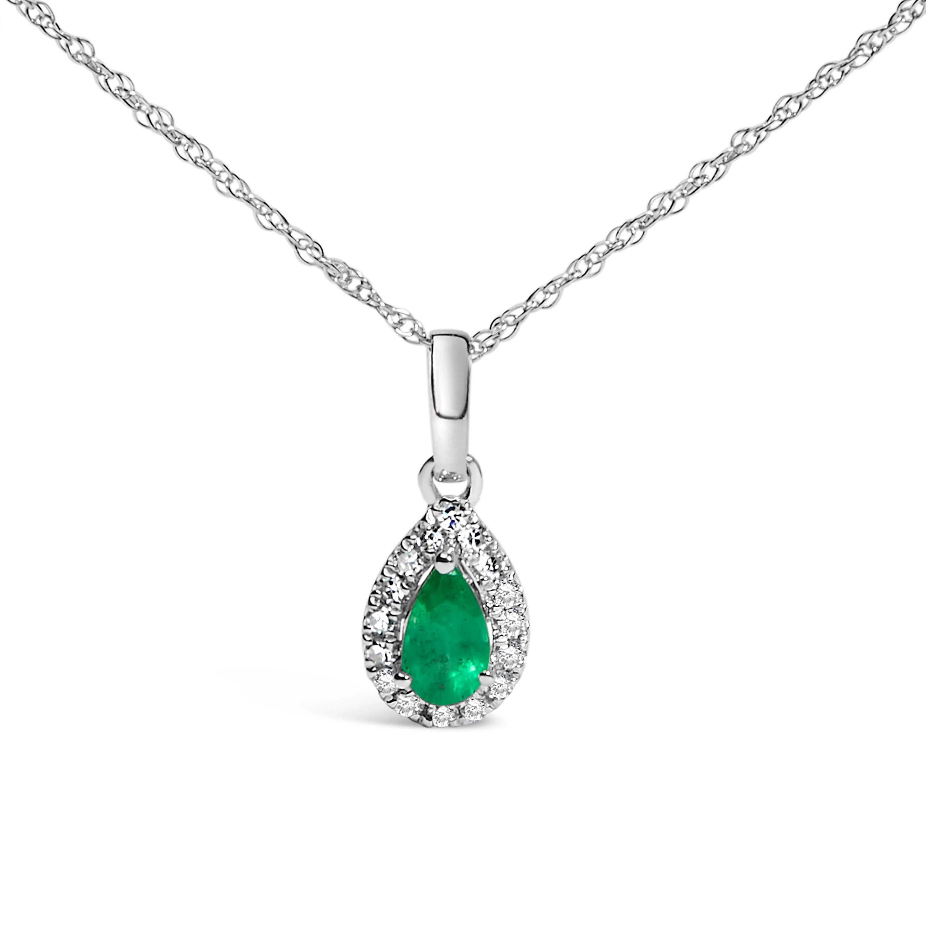 10K White Gold 5x3mm Green Emerald and Diamond Accent Halo Pear Shape 18" Pendant Necklace (I-J Color, I1-I2 Clarity) - Image 2