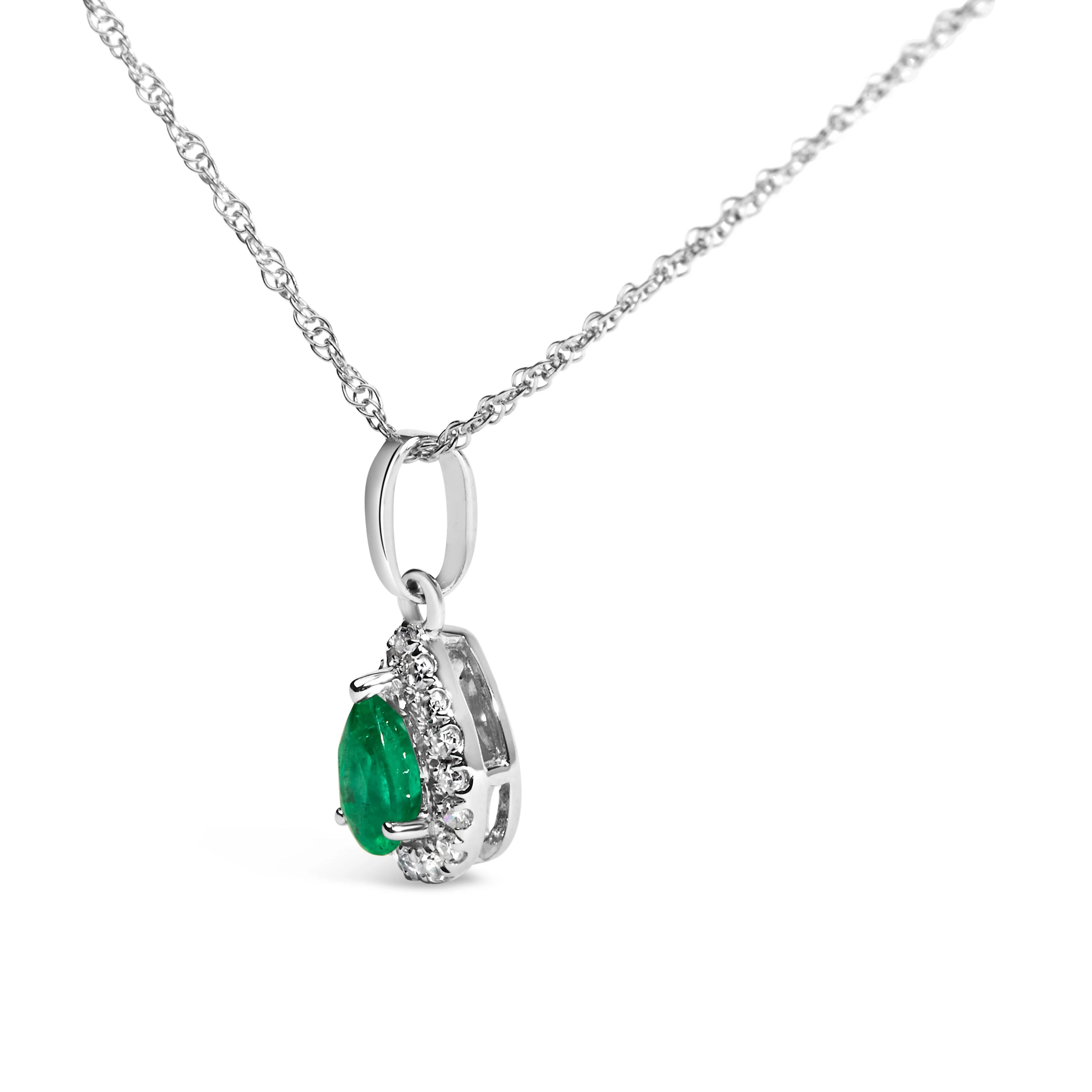 10K White Gold 5x3mm Green Emerald and Diamond Accent Halo Pear Shape 18" Pendant Necklace (I-J Color, I1-I2 Clarity) - Image 3