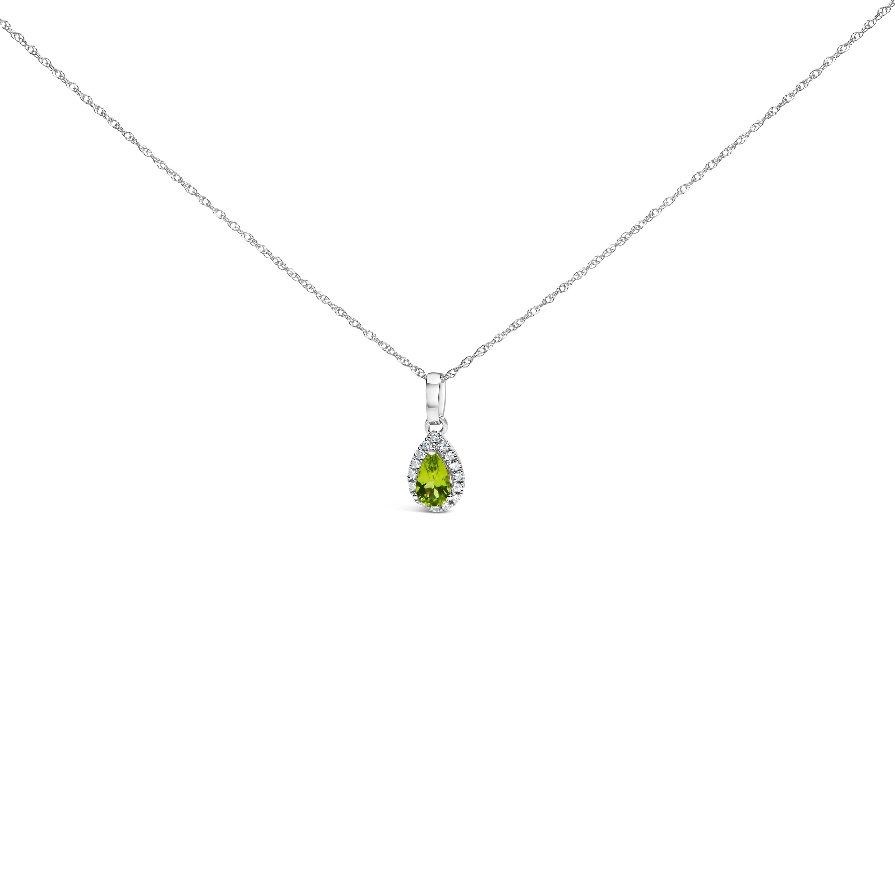 10K White Gold 5x3mm Green Emerald and Diamond Accent Halo Pear Shape 18" Pendant Necklace (I-J Color, I1-I2 Clarity) - Image 5