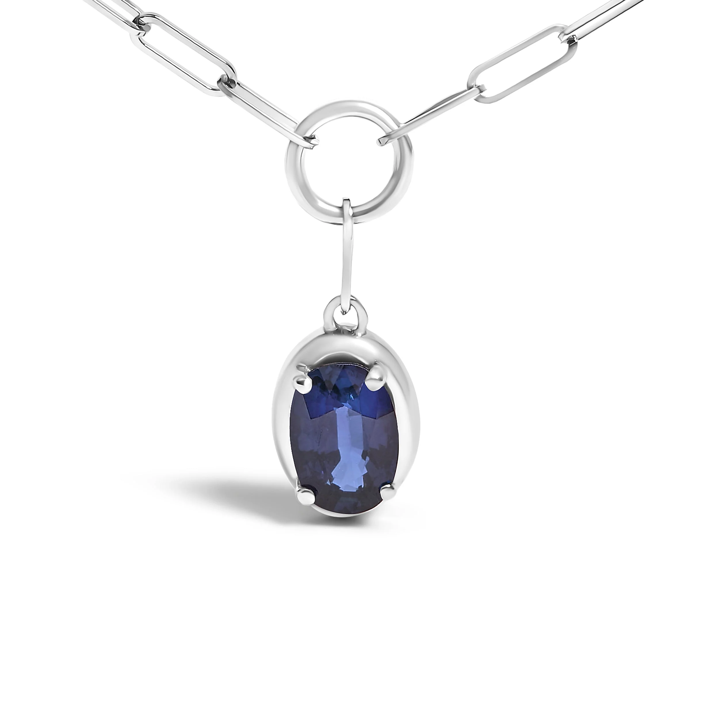 10K White Gold 6x4 mm Oval Blue Sapphire Solitaire Paperclip Pendant Necklace - 18" Inches - Image 2