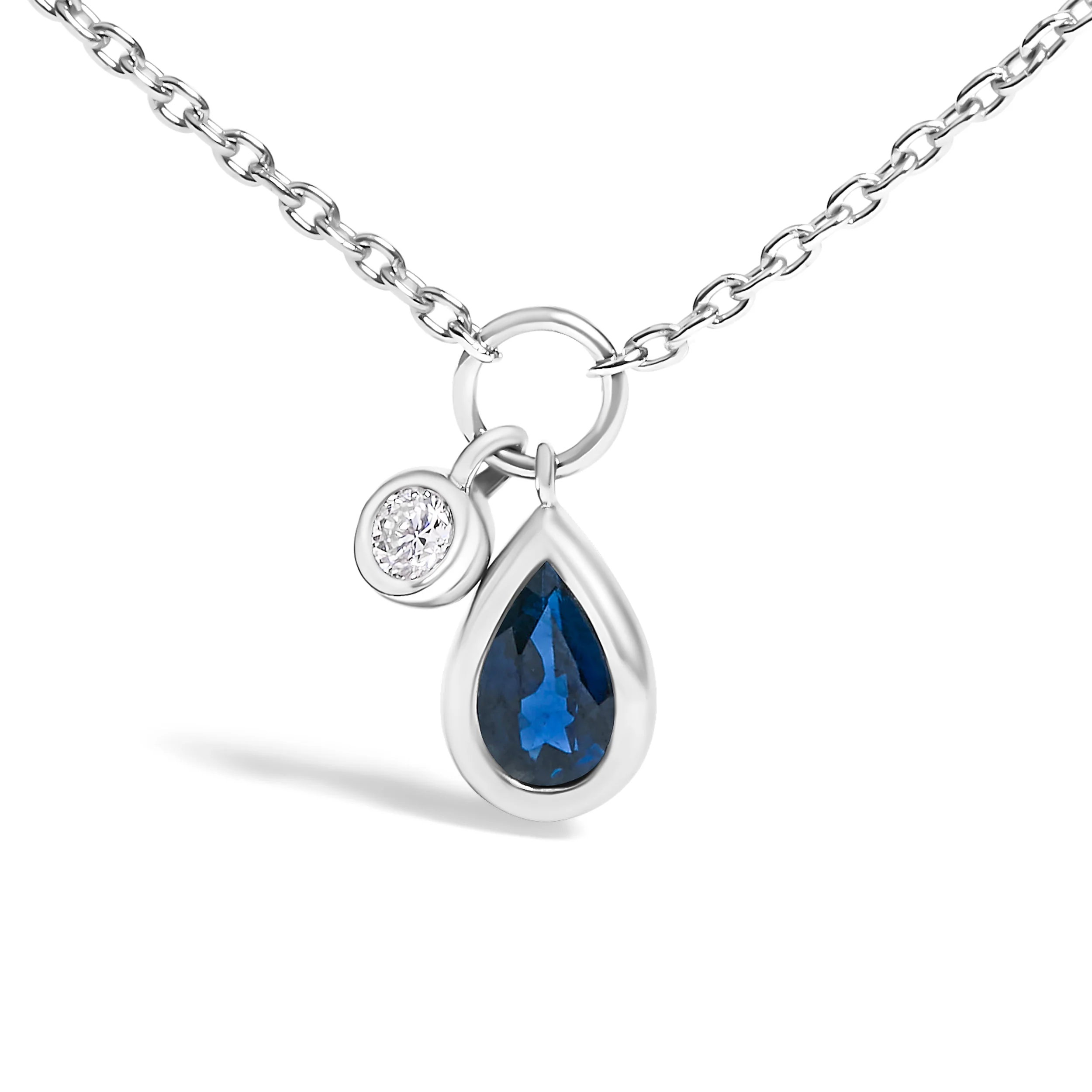10K White Gold 6x4 mm Pear Blue Sapphire and Diamond  Accent Charm Pendant Necklace - 18" Inches - Image 2