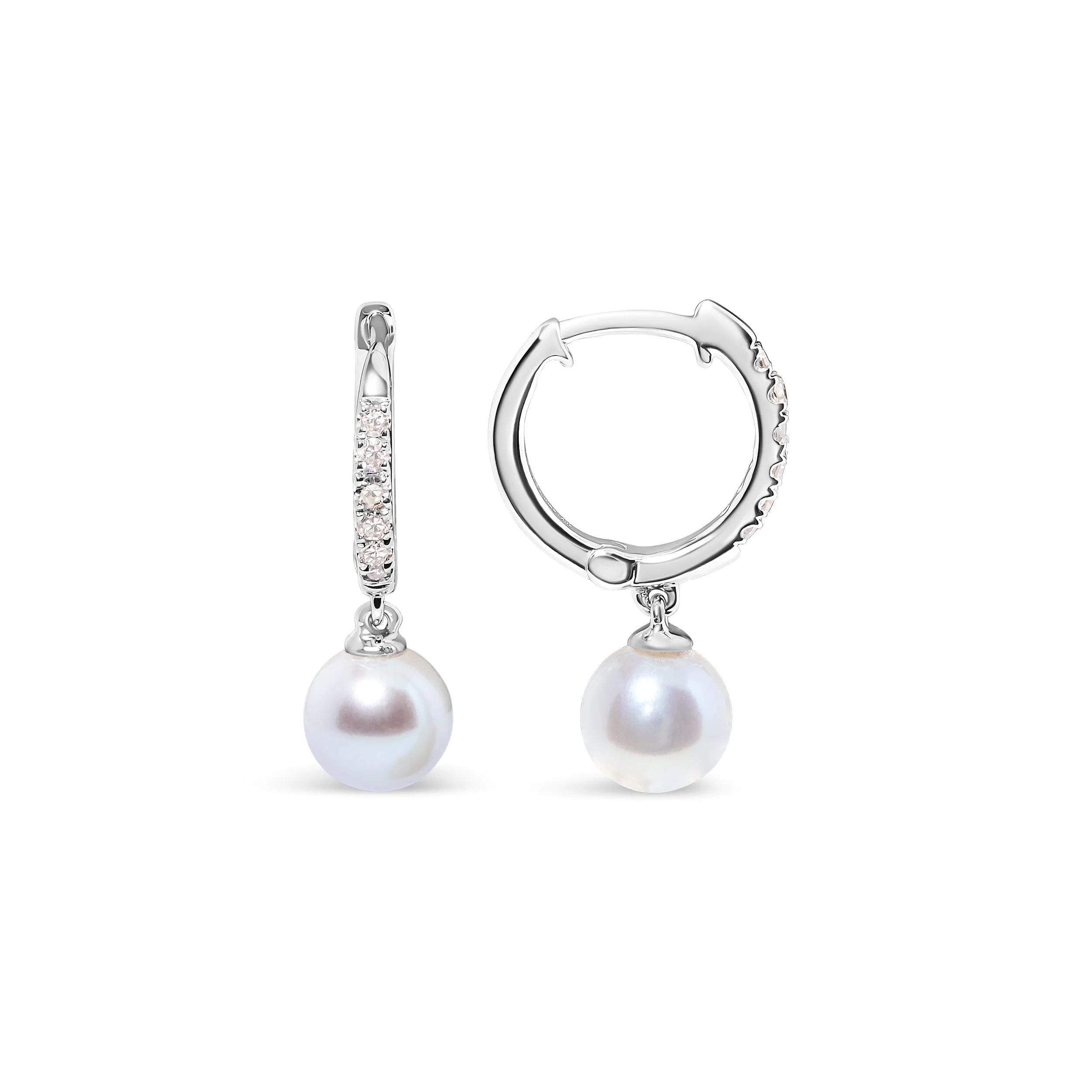 10K White Gold 6x6 MM Cultured Freshwater Pearl and Diamond Accent Drop Huggy Earring (H-I Color, I1-I2 Clarity) - Image 6