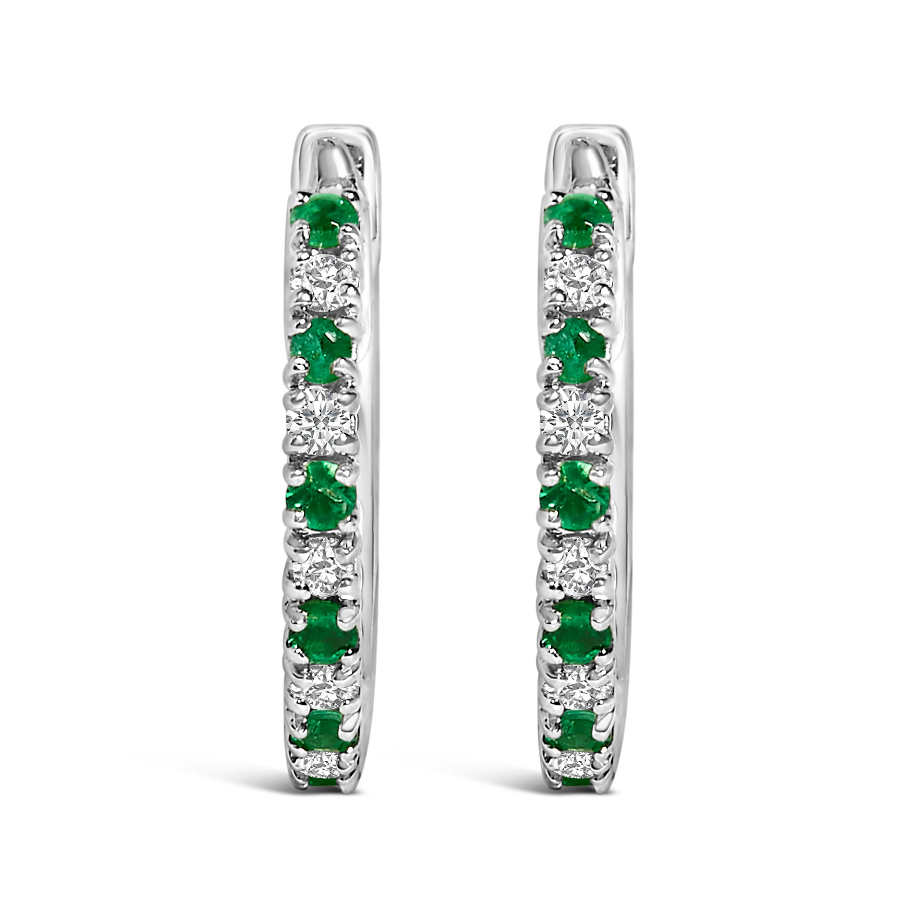 10K White Gold Alternating Emerald 1/10 Cttw Diamond Huggy Hoop Earrings (I-J Color, I1-I2 Clarity) - Image 2