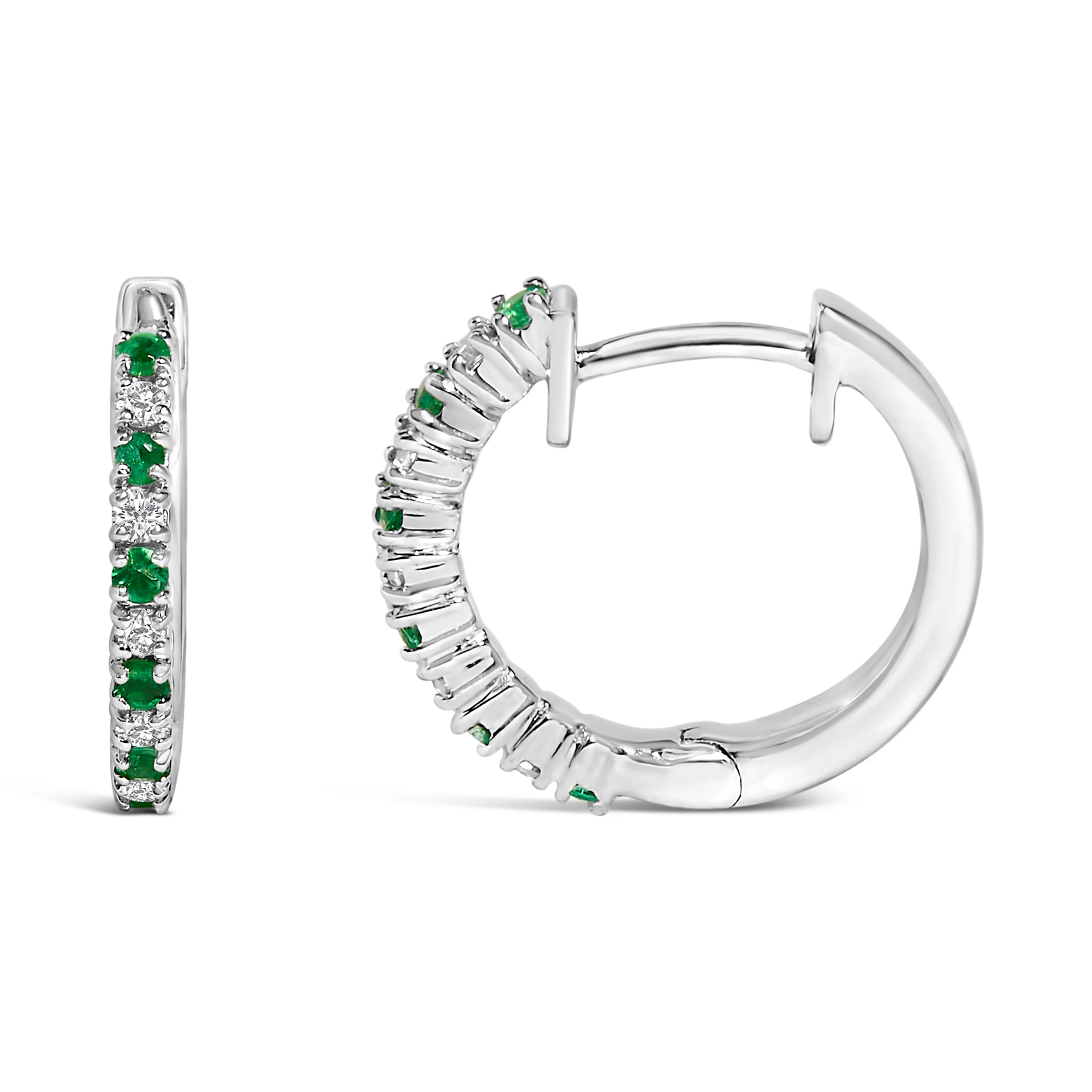 10K White Gold Alternating Emerald 1/10 Cttw Diamond Huggy Hoop Earrings (I-J Color, I1-I2 Clarity) - Image 3