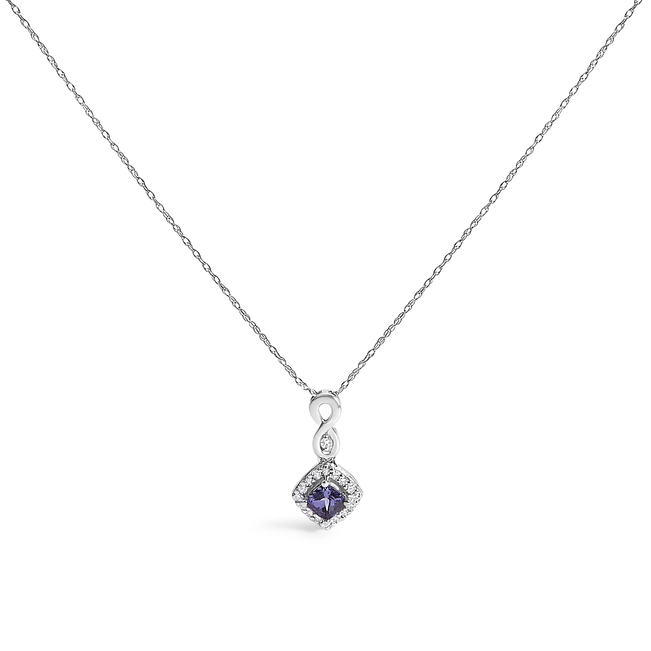10K White Gold Blue Purple Tanzanite and Diamond Accent Cushion Drop Pendant Necklace - 18" Inches