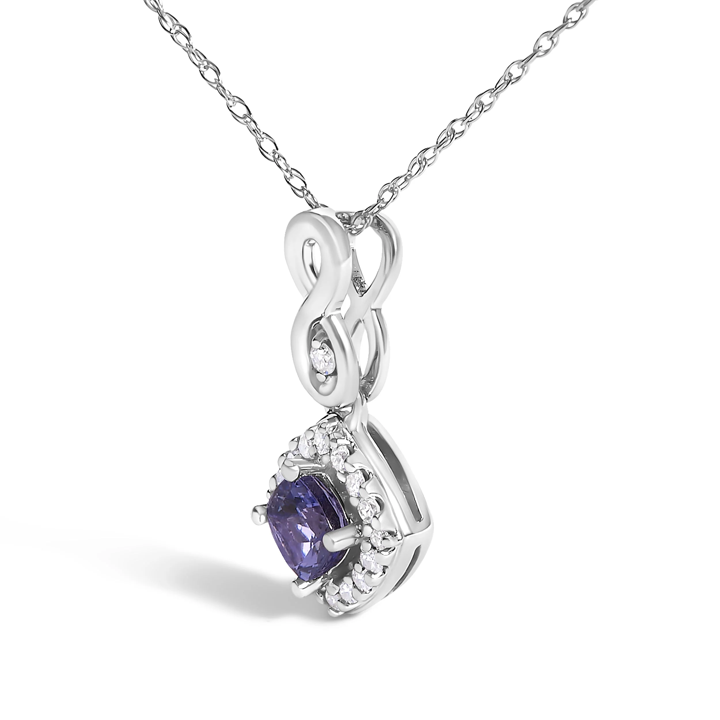 10K White Gold Blue Purple Tanzanite and Diamond Accent Cushion Drop Pendant Necklace - 18" Inches - Image 3