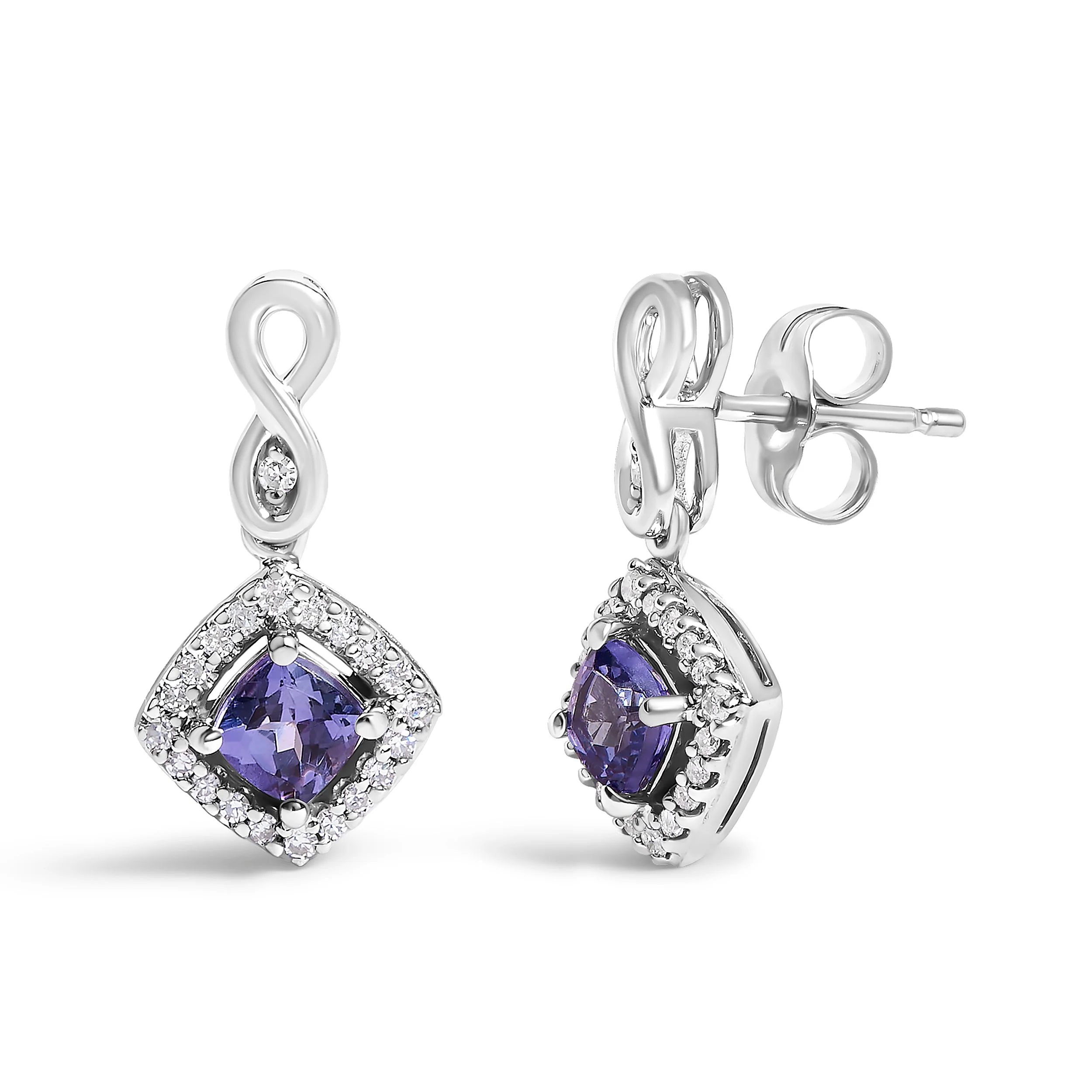 10K White Gold Blue Purple Tanzanite and Diamond Halo Cushion Shaped Drop Earrings (I-J Color, I1-I2 Clarity) - Image 2