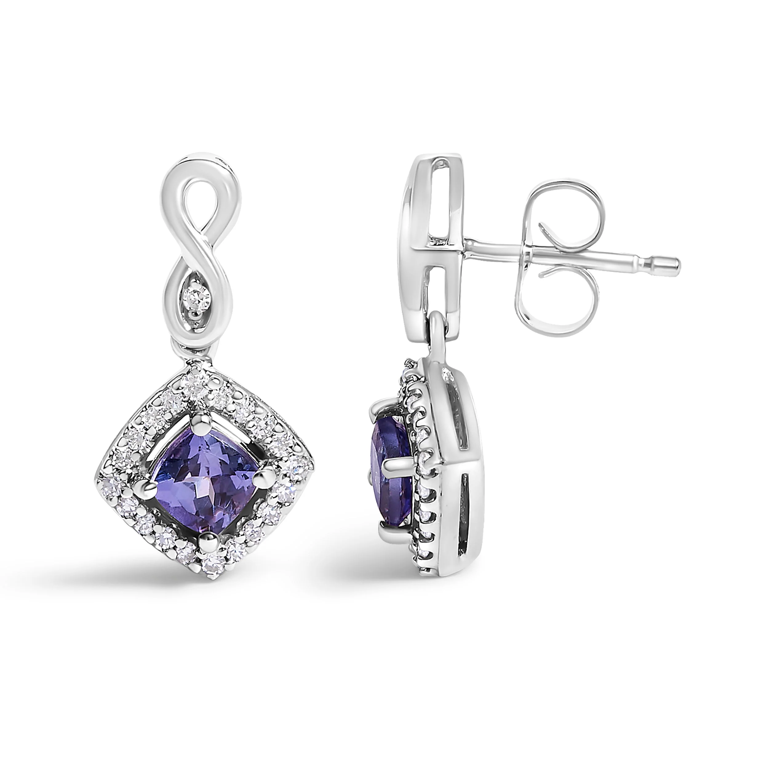 10K White Gold Blue Purple Tanzanite and Diamond Halo Cushion Shaped Drop Earrings (I-J Color, I1-I2 Clarity) - Image 3