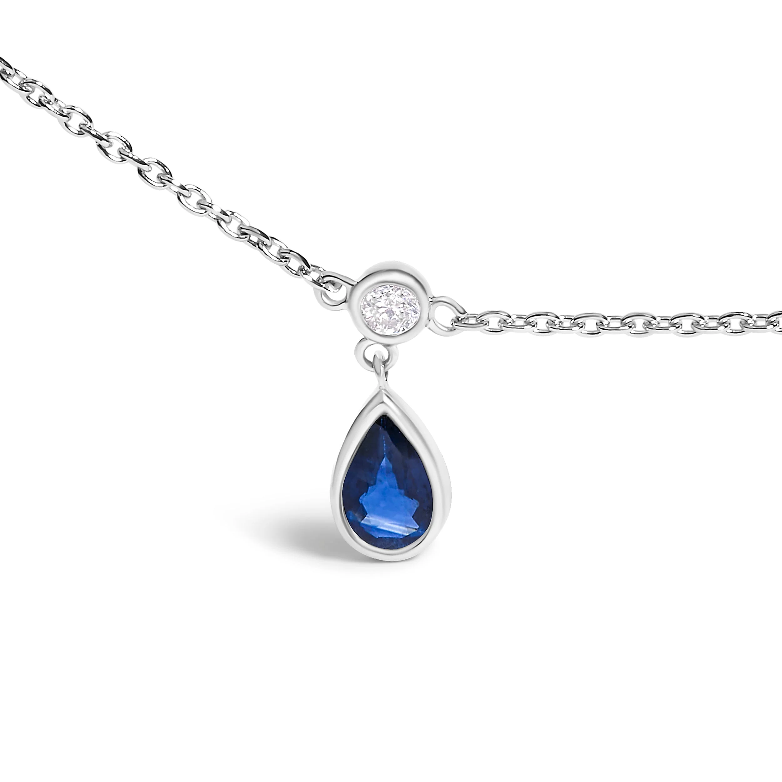 10K White Gold Dangling 5x3 mm Pear Blue Sapphire and Diamond Station Necklace - 18" Inches - Image 2
