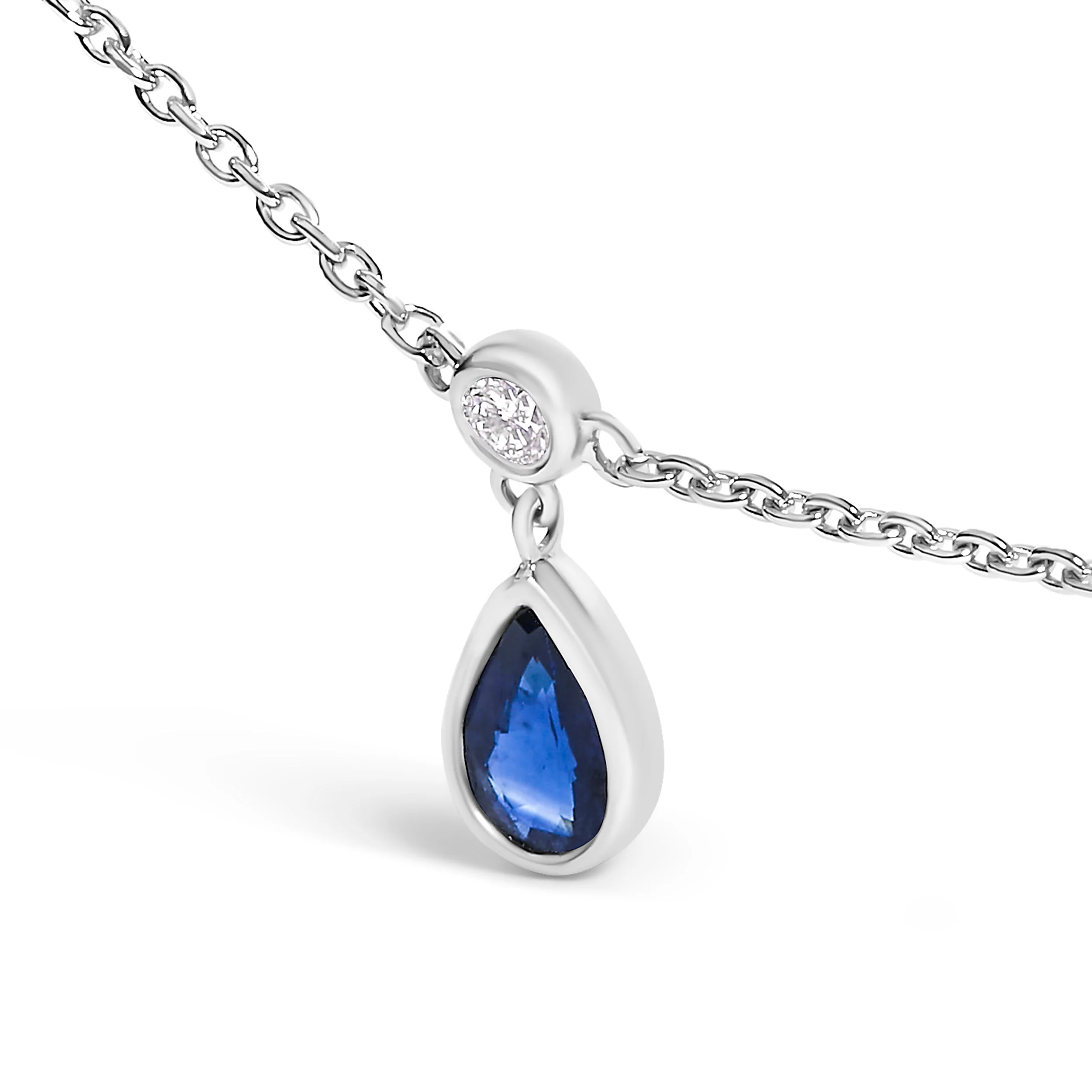 10K White Gold Dangling 5x3 mm Pear Blue Sapphire and Diamond Station Necklace - 18" Inches - Image 3