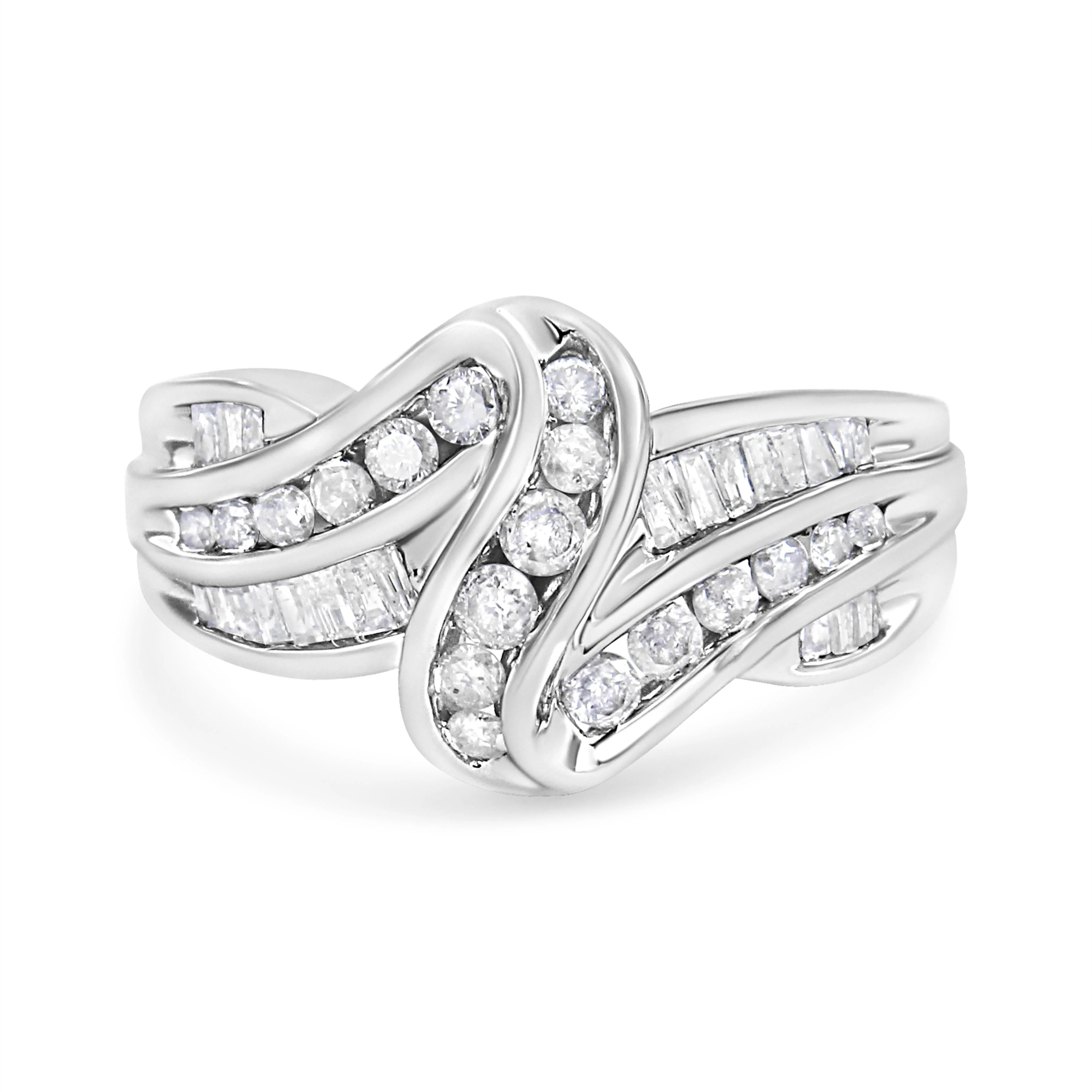 10K White Gold Ring 3/4 Cttw Round and Baguette-Cut Diamond Bypass Ring (H-I Color, I2-I3 Clarity) - Size 6 - Image 2