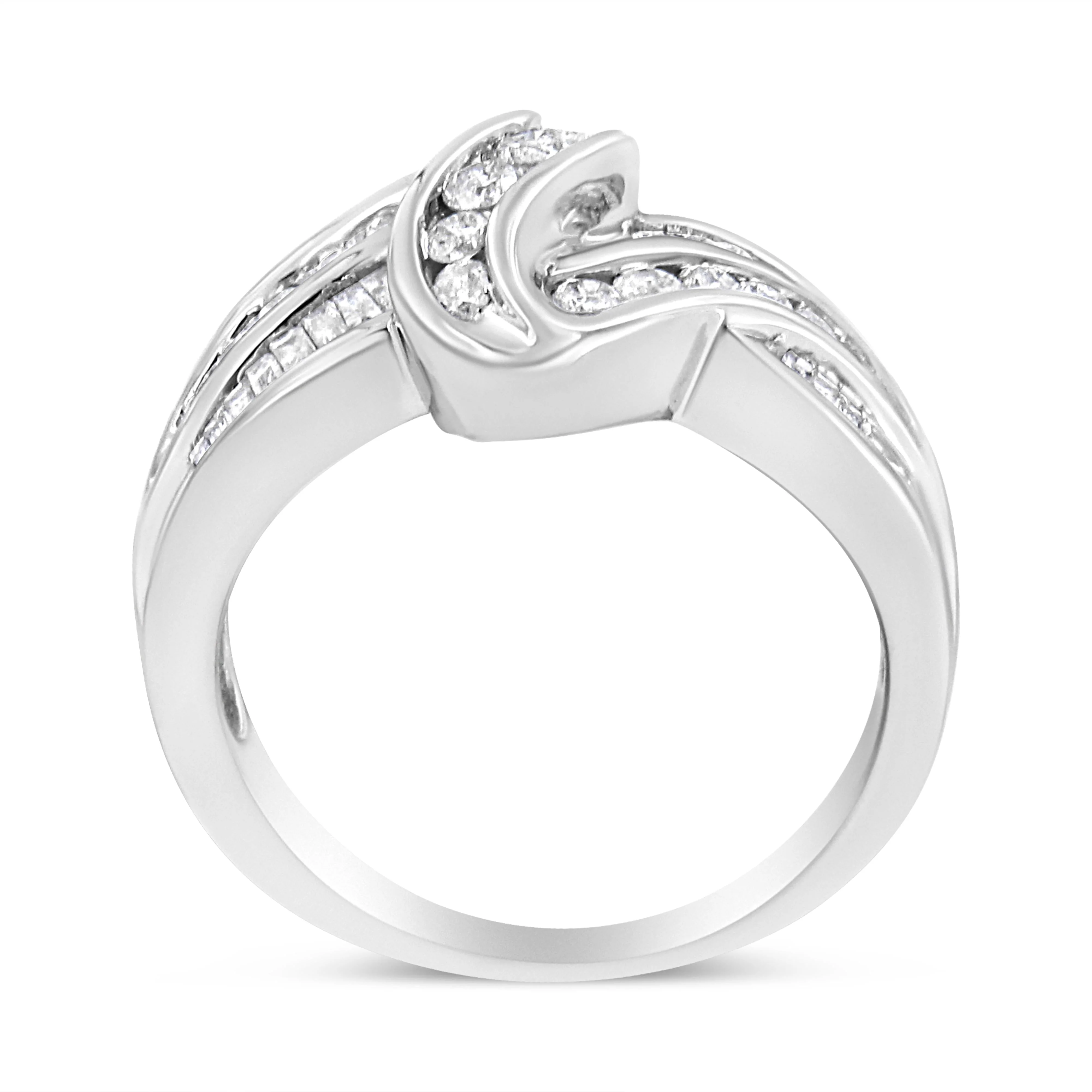 10K White Gold Ring 3/4 Cttw Round and Baguette-Cut Diamond Bypass Ring (H-I Color, I2-I3 Clarity) - Size 6 - Image 4