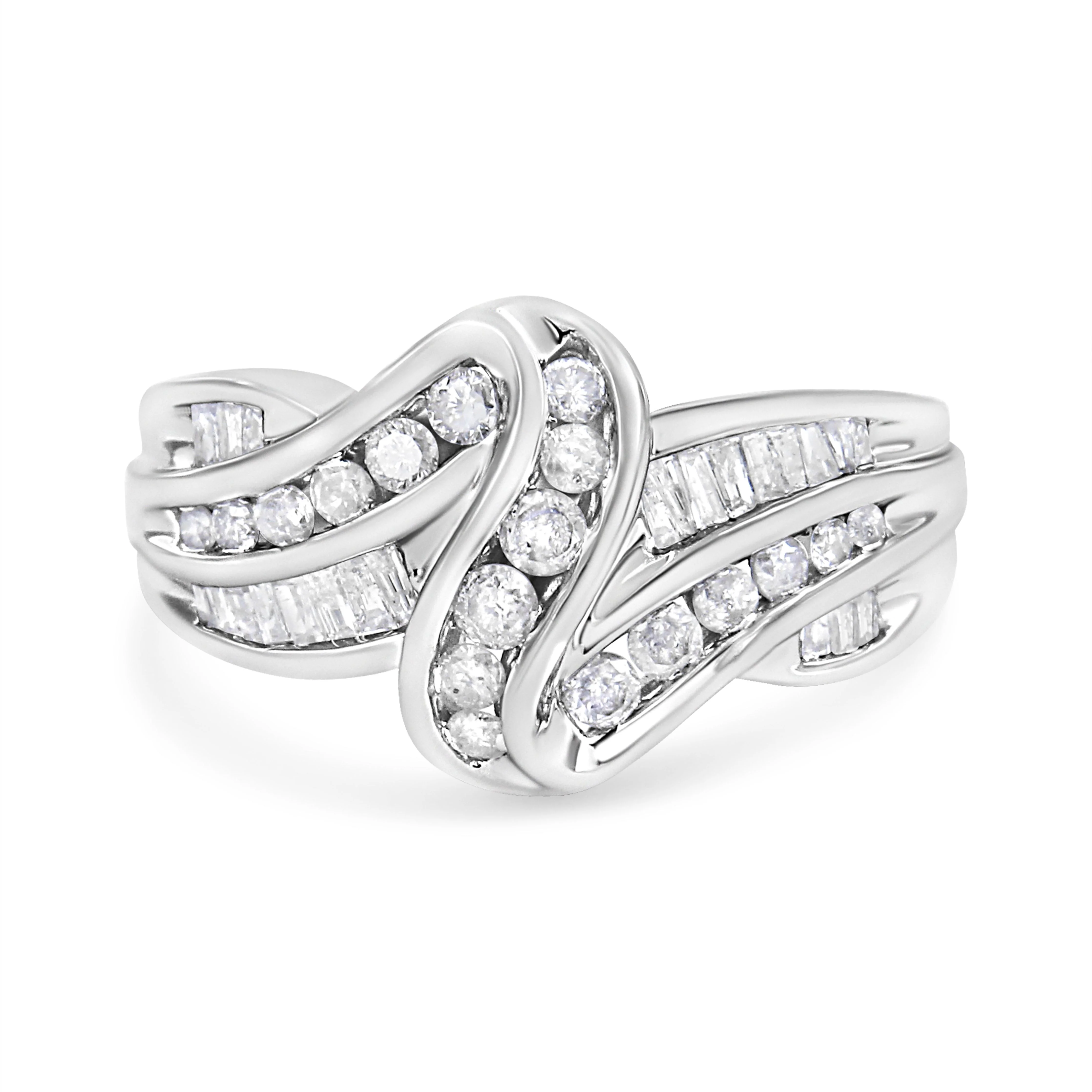 10K White Gold Ring 3/4 Cttw Round and Baguette-Cut Diamond Bypass Ring (H-I Color, I2-I3 Clarity) - Size 6 - Image 6