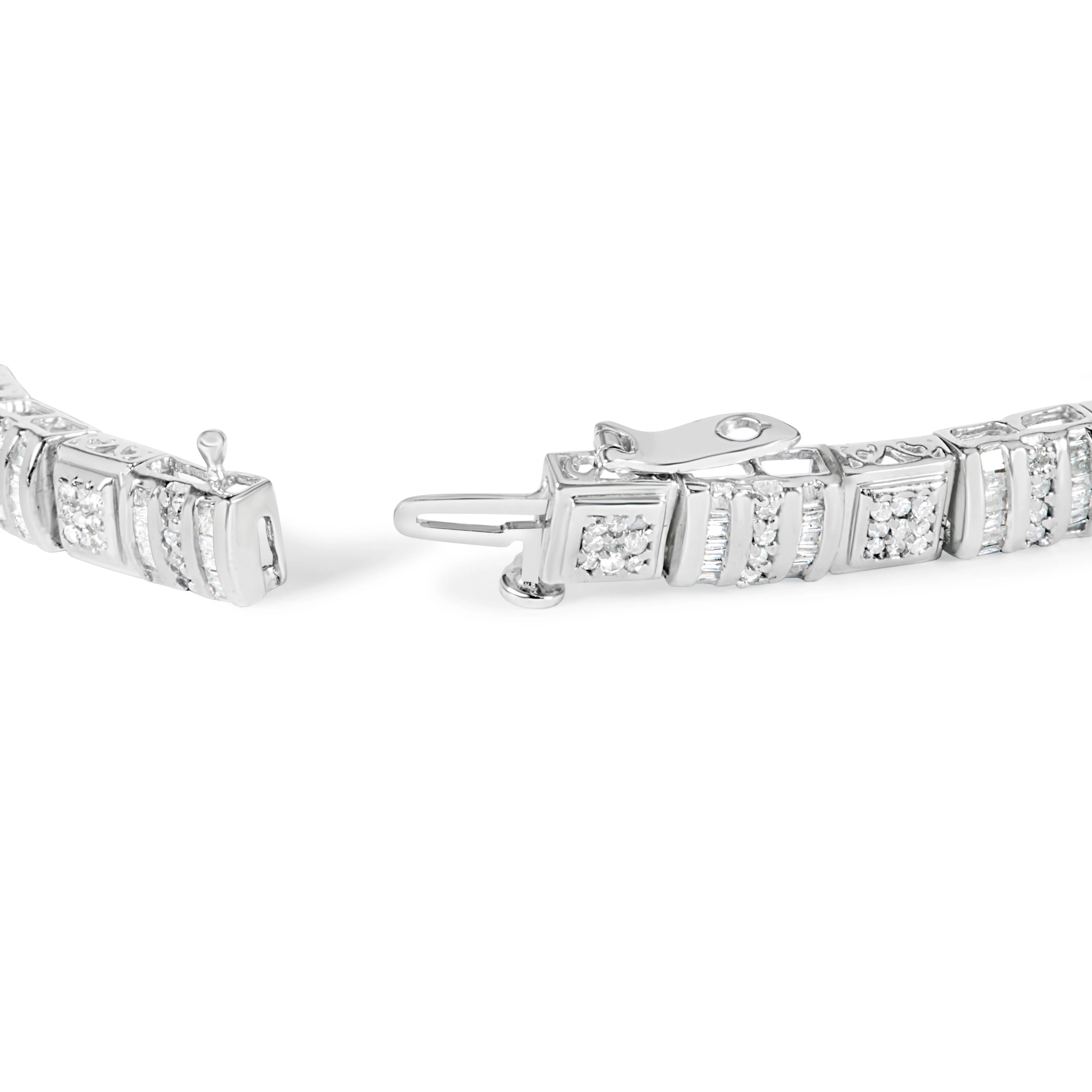 10K White Gold Round and Baguette Cut Diamond Bracelet (2.00 cttw, H-I Color, I2-I3 Clarity) - Image 6